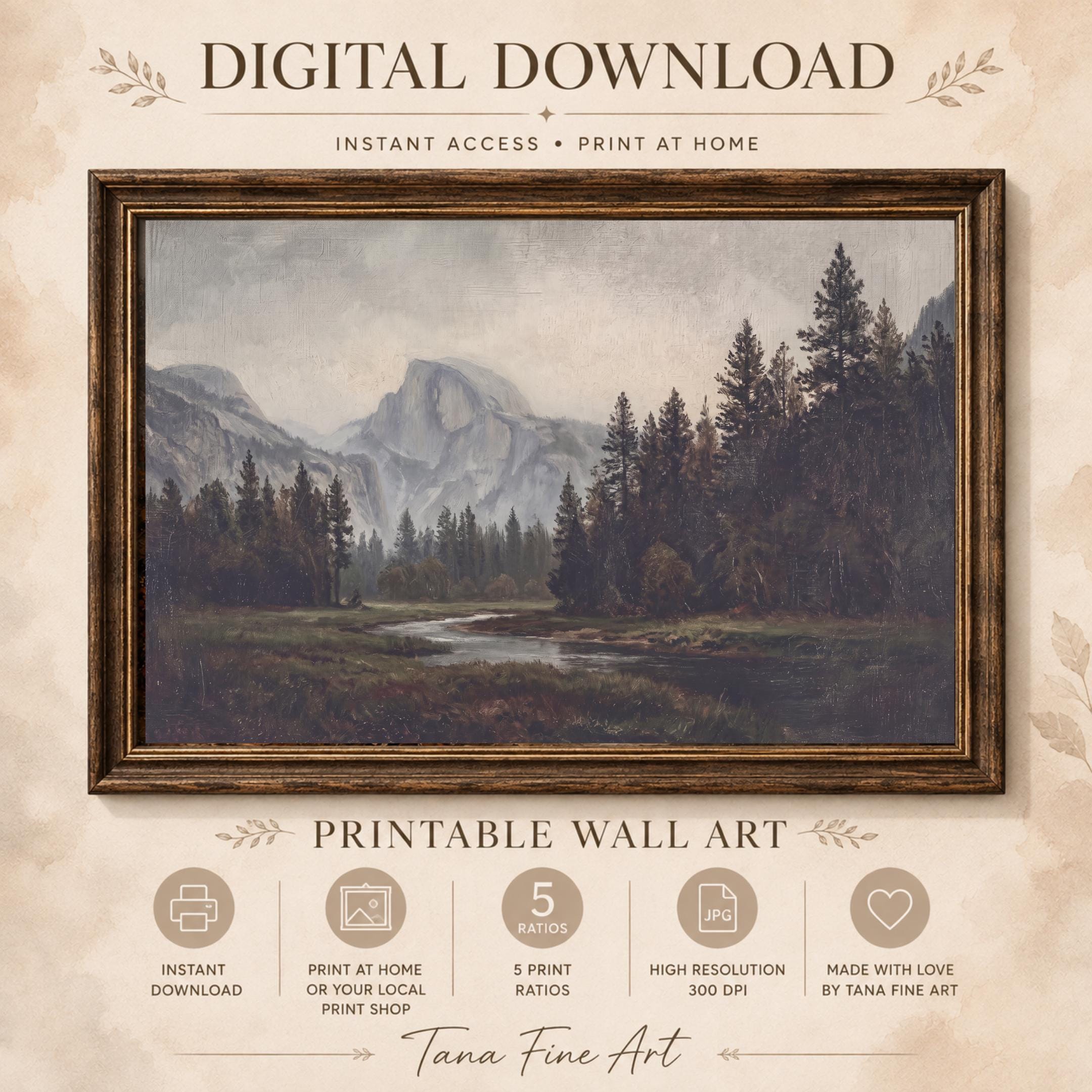 Mountain River Wall Art | Yosemite Inspired Forest Print | Moody Vintage Landscape Digital Download — image 5