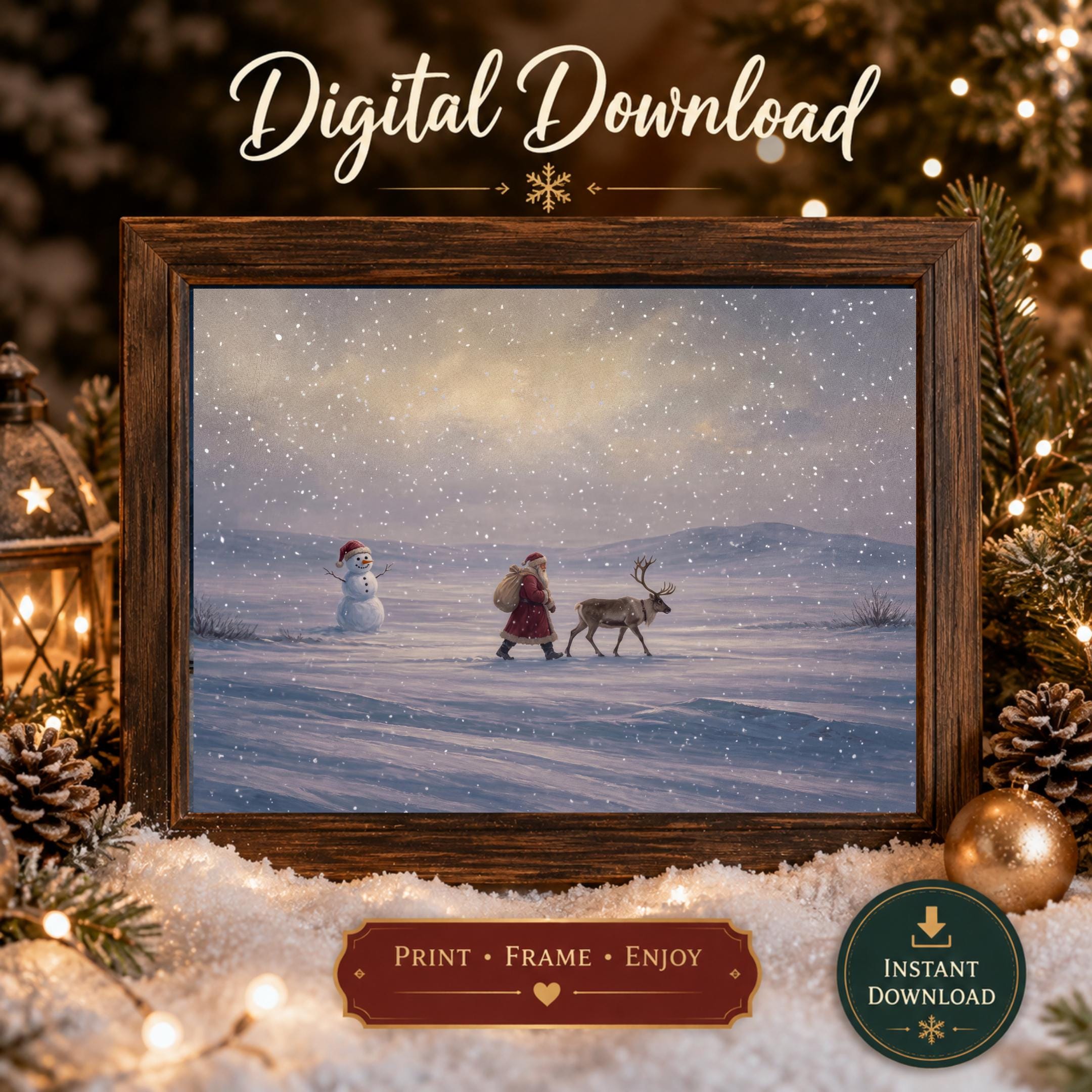 Santa & Reindeer across the Snowy Hills