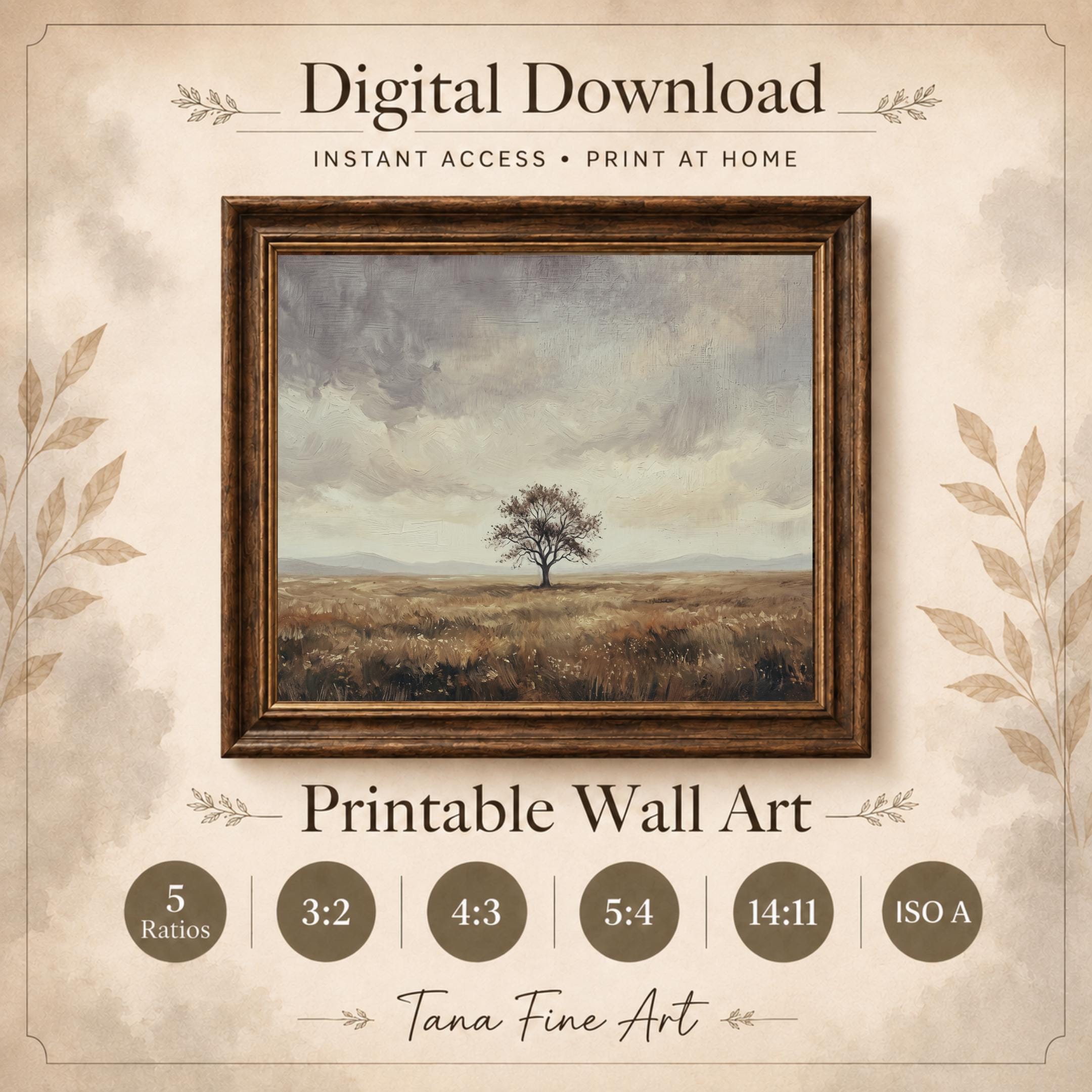 Solitary Tree Printable Wall Art, Vintage Meadow Landscape, Neutral Earthy Rustic Farmhouse Digital Download — image 9
