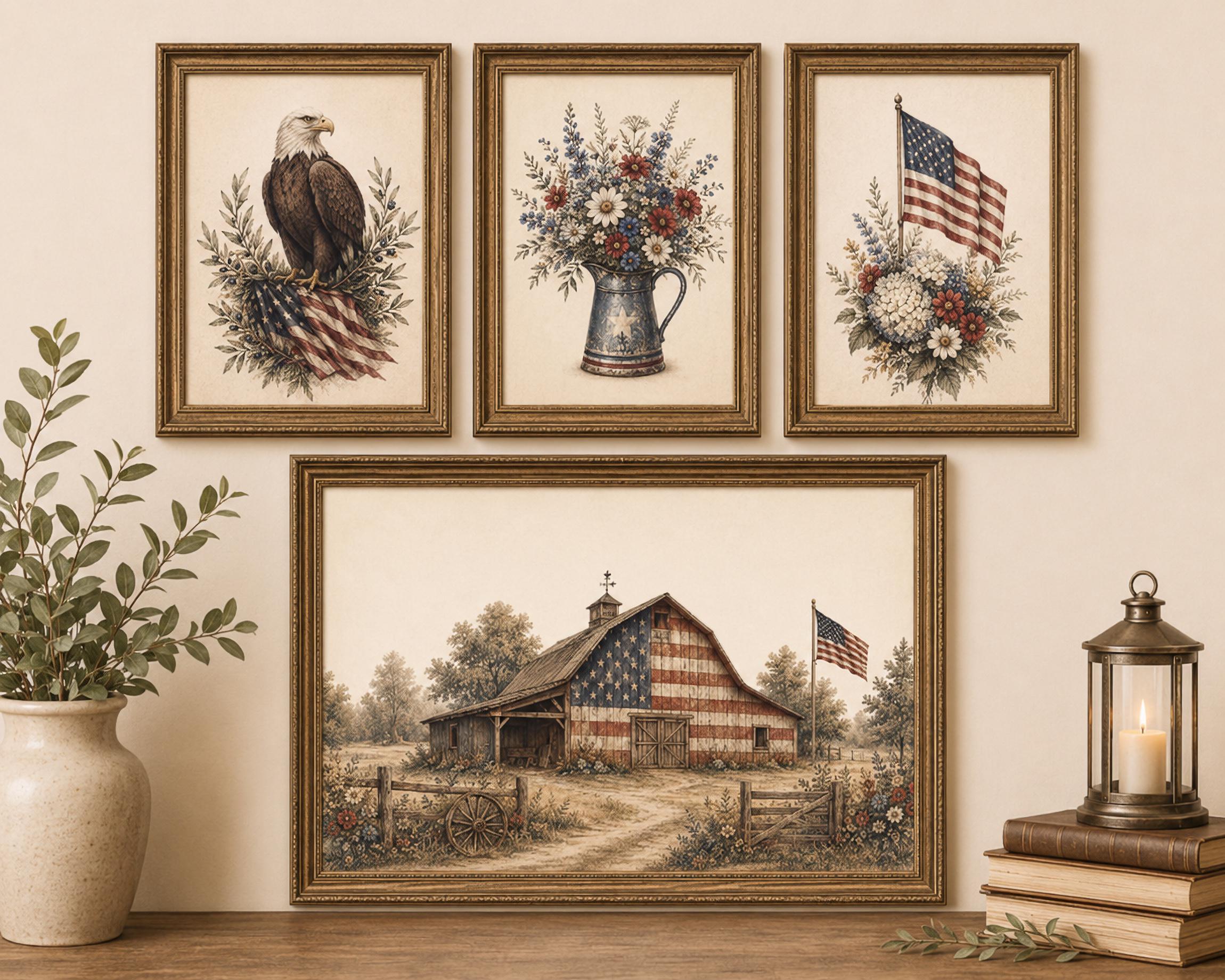 Vintage Patriotic Wall Art Set, Eagle, Flag, Floral Barn Prints (Digital Download) — image 2