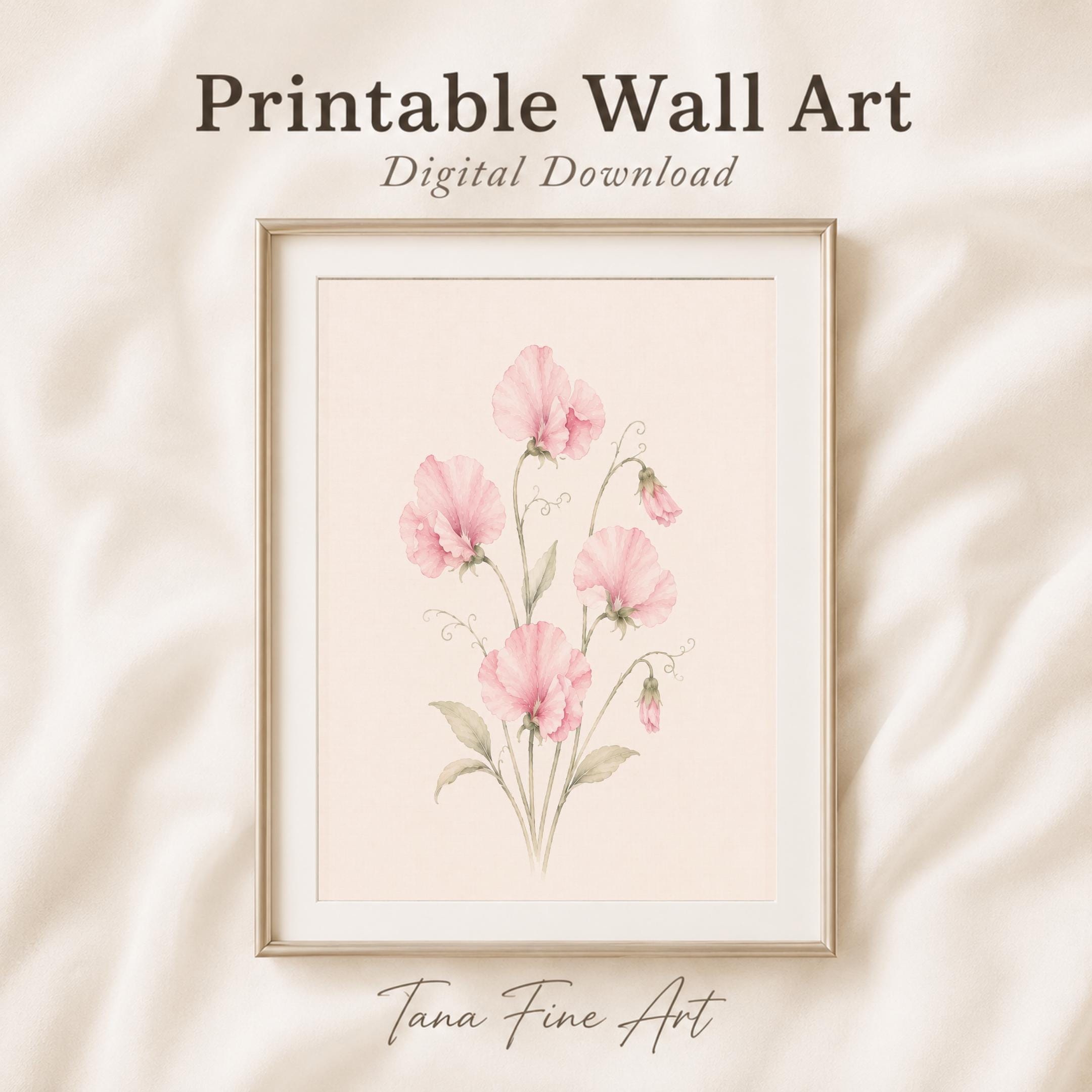 April Birth Flower Print | Sweet Pea Printable Wall Art | Pink Botanical Gift Digital Download — image 2