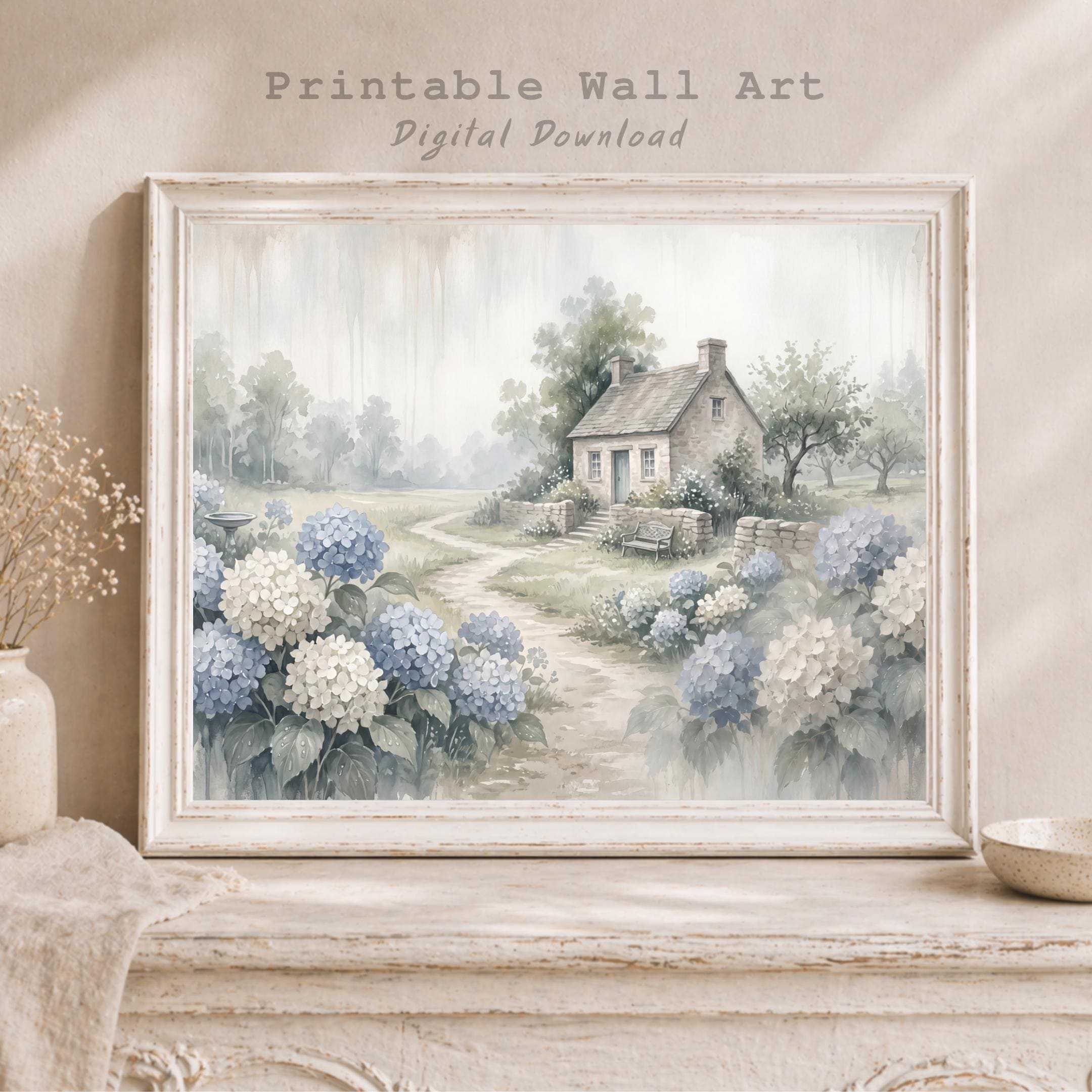 Hydrangea Cottage Garden Art Print, Misty Blue floral Landscape (Digital Download)