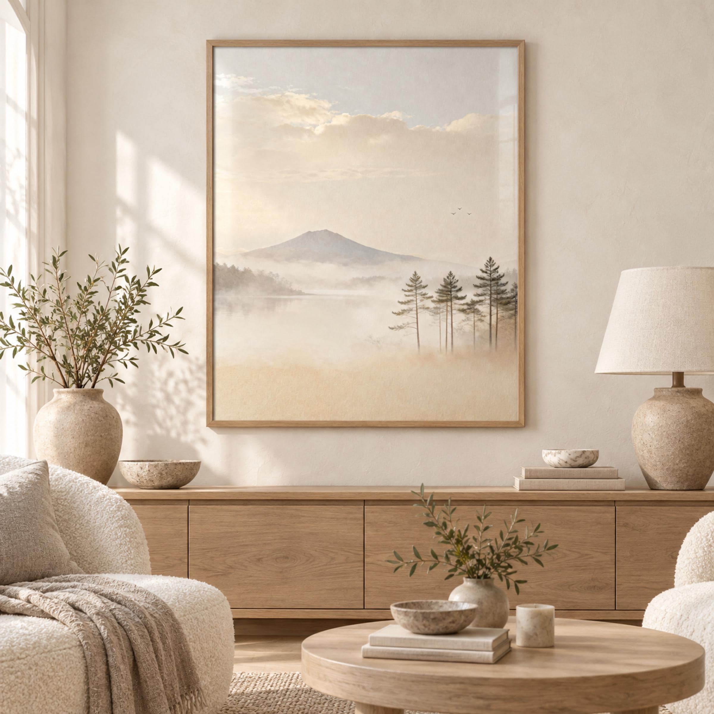 Neutral Mountain Lake Printable Wall Art, Misty Pine Forest, Japandi Decor Digital Download — image 2
