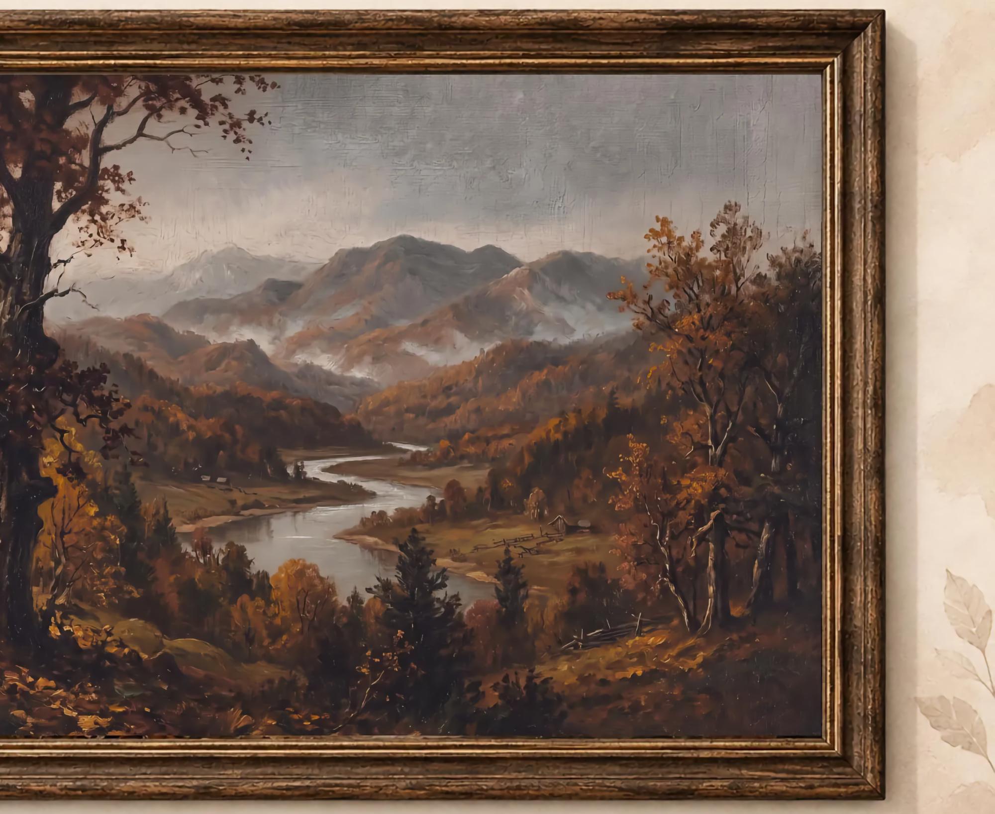 Autumn Landscape Wall Art | Fall Mountain River Valley Print | Moody Vintage Nature Digital Download — image 2