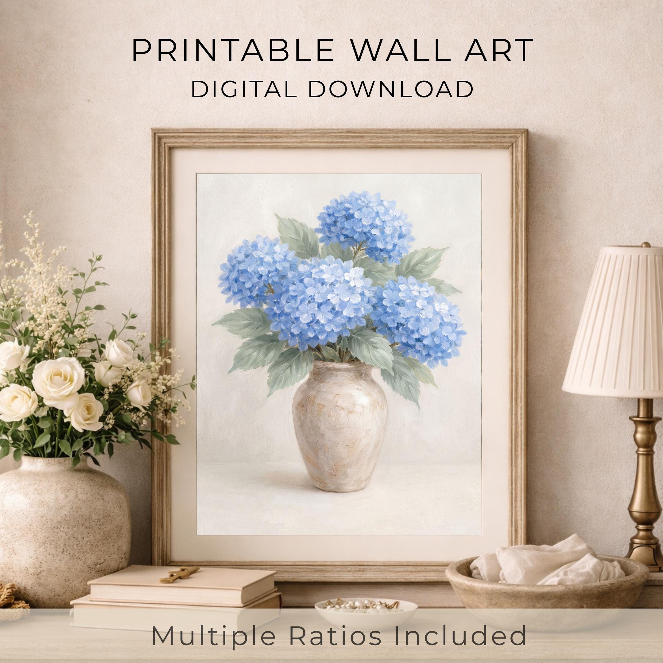 Neutral Blue Hydrangea BathRoom Wall Art | Floral Vase Art Printable (Digital Download) — image 7
