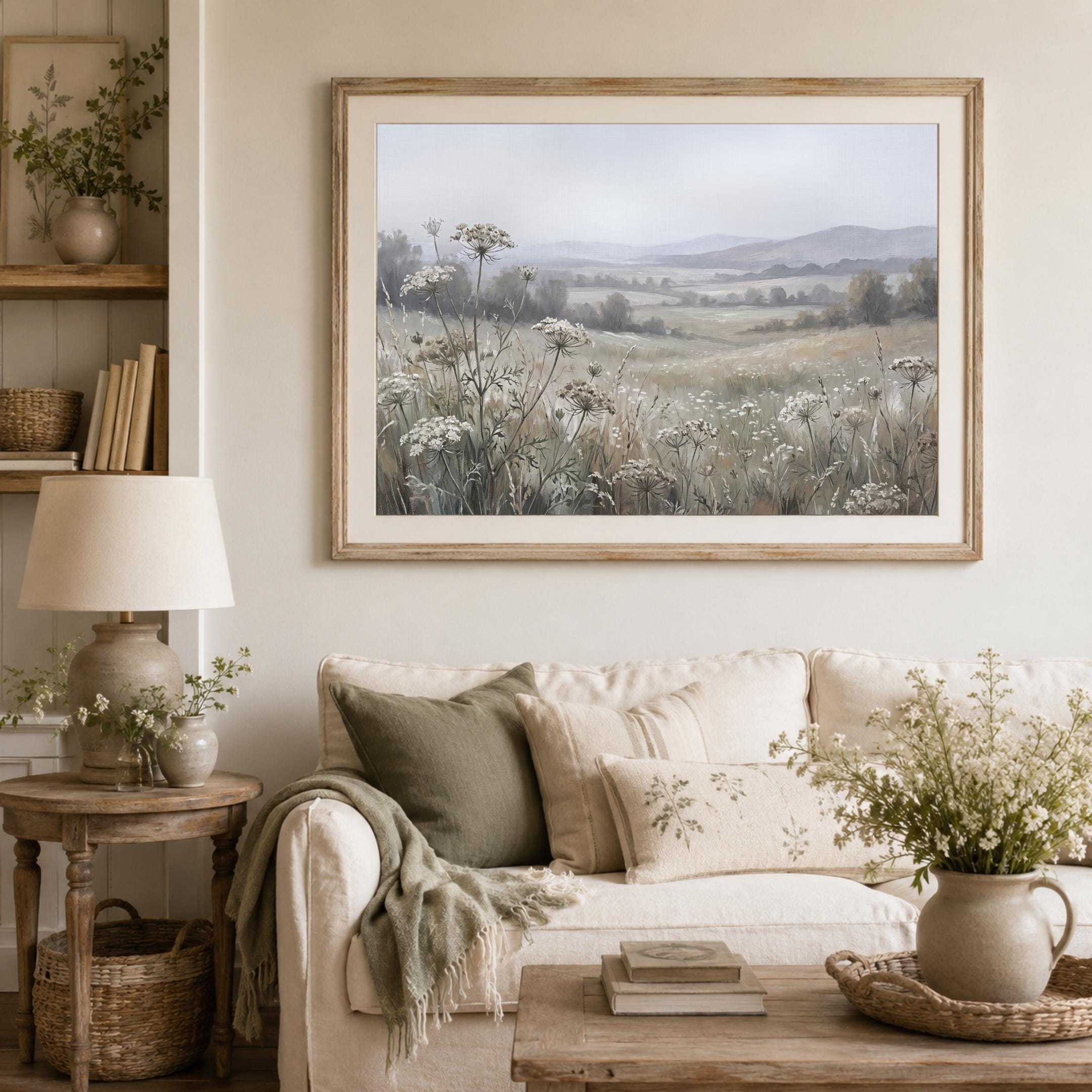 Floral Landscape Print, Neutral Wildflower Meadow Wall Art, Soft Cottage Nature Decor (Digital Download) — image 9