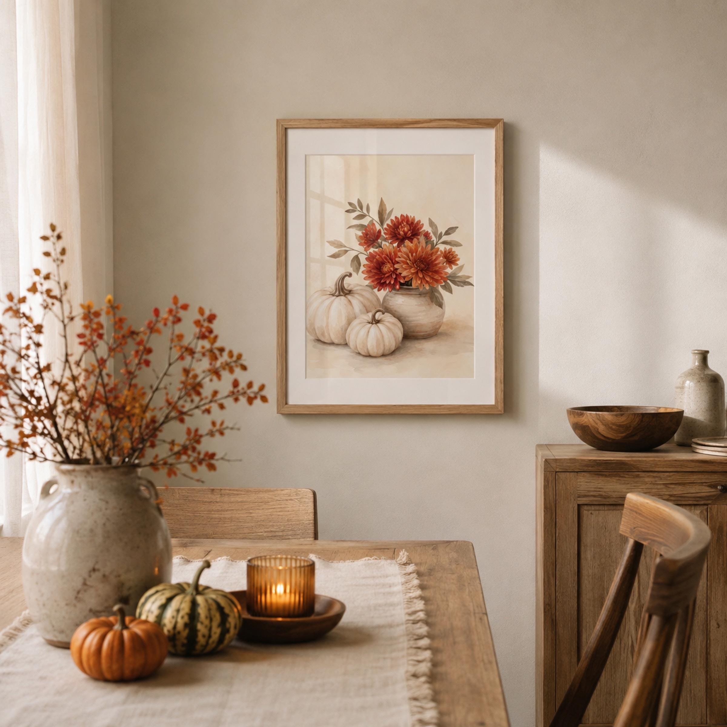 Pumpkin Floral Fall Wall Art | Fall Chrysanthemum Still Life | Autumn Printable Digital Download — image 3