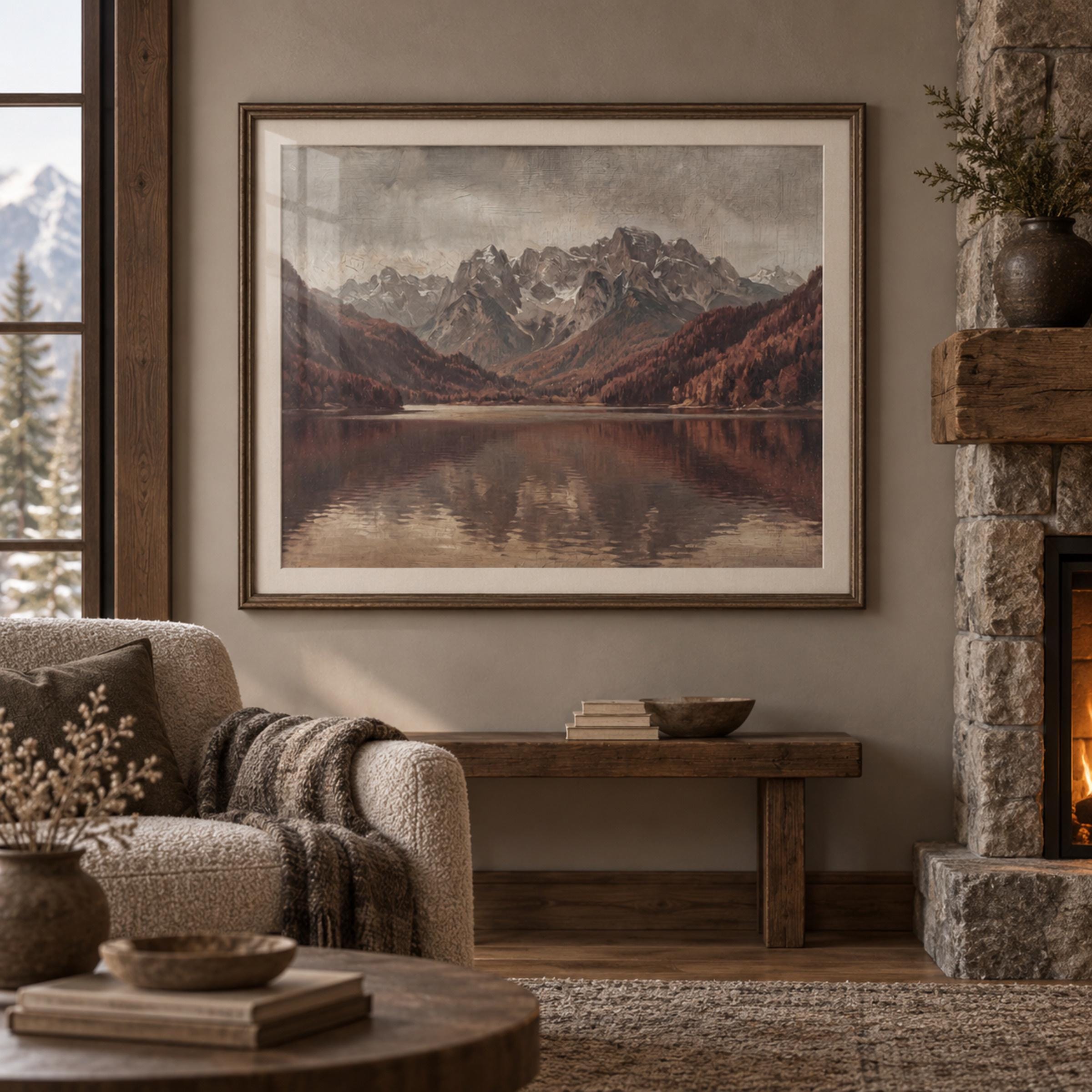 Vintage Fall Mountain Lake Printable Wall Art, Moody Alpine Landscape, Rustic Cabin Digital Download — image 4
