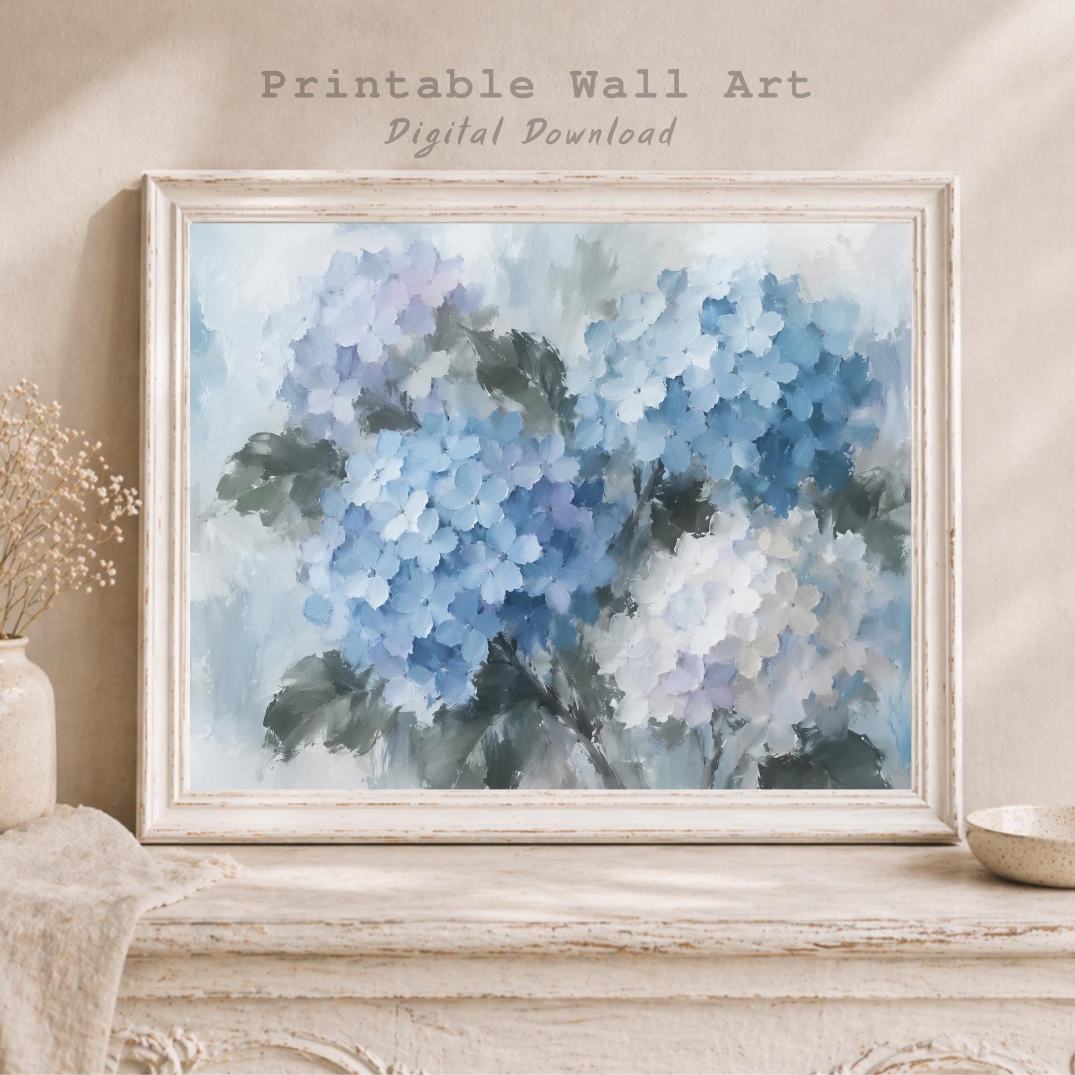 Blue Hydrangea Wall Art | Abstract Floral Print | Vintage Botanical Digital Download