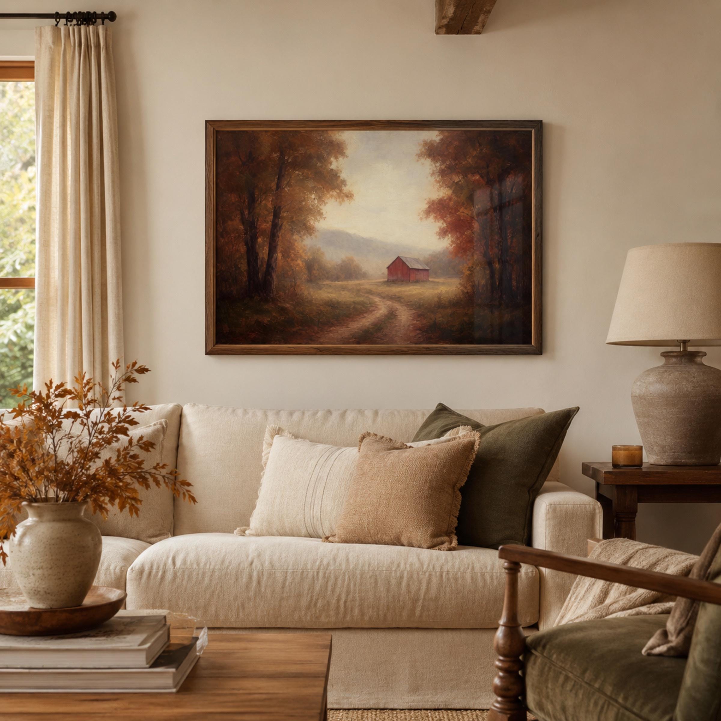 Moody Fall Barn Forest Landscape Wall Art | Vintage Autumn Print | Rustic Printable Digital Download — image 3
