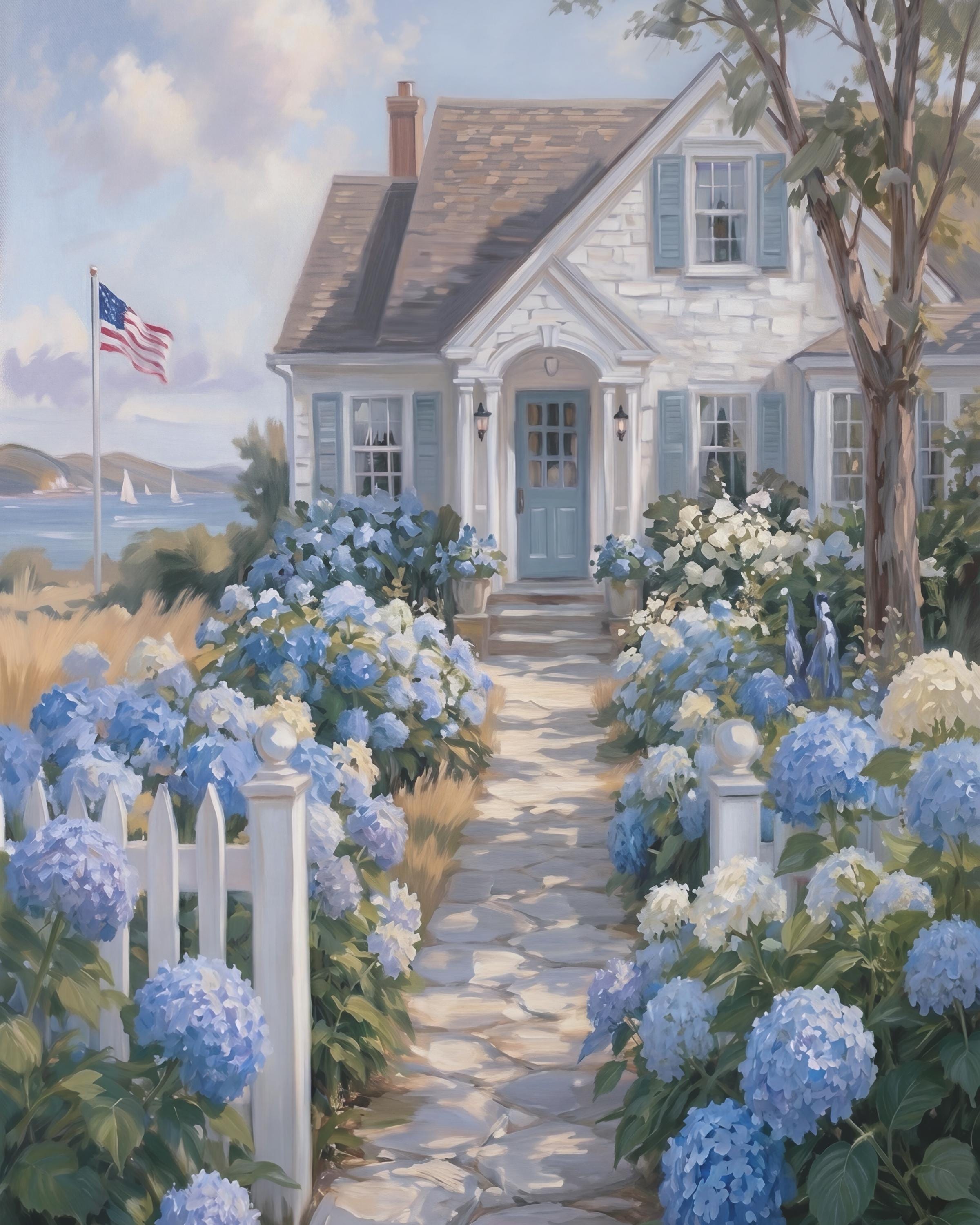 Coastal Cottage Wall Art, Blue Hydrangea Garden Path, Summer Beach House Decor (Digital Download) — image 2