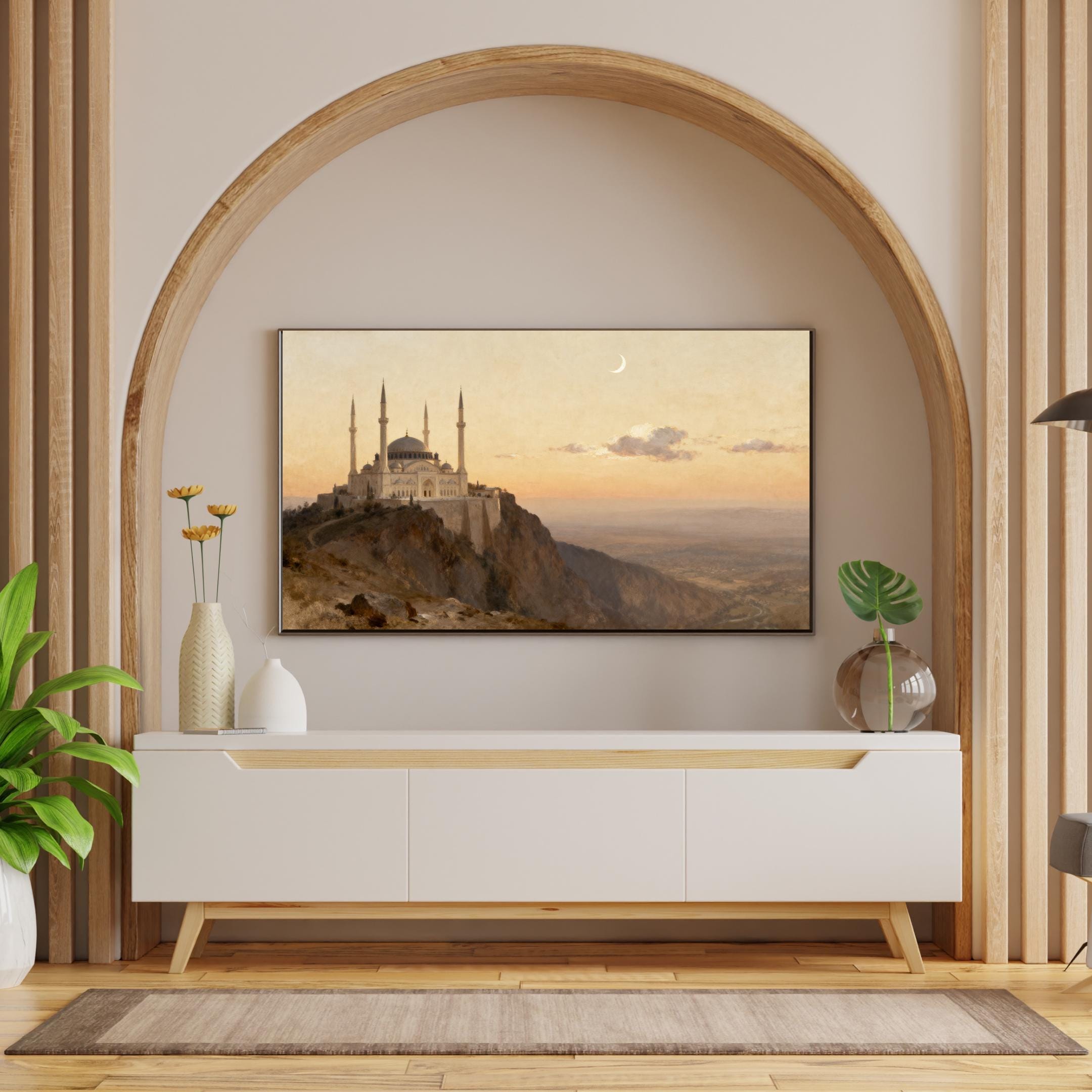 Clifftop Mosque Sunset Frame TV Art, Islamic 4K Crescent Landscape Screen Display Digital Download — image 4