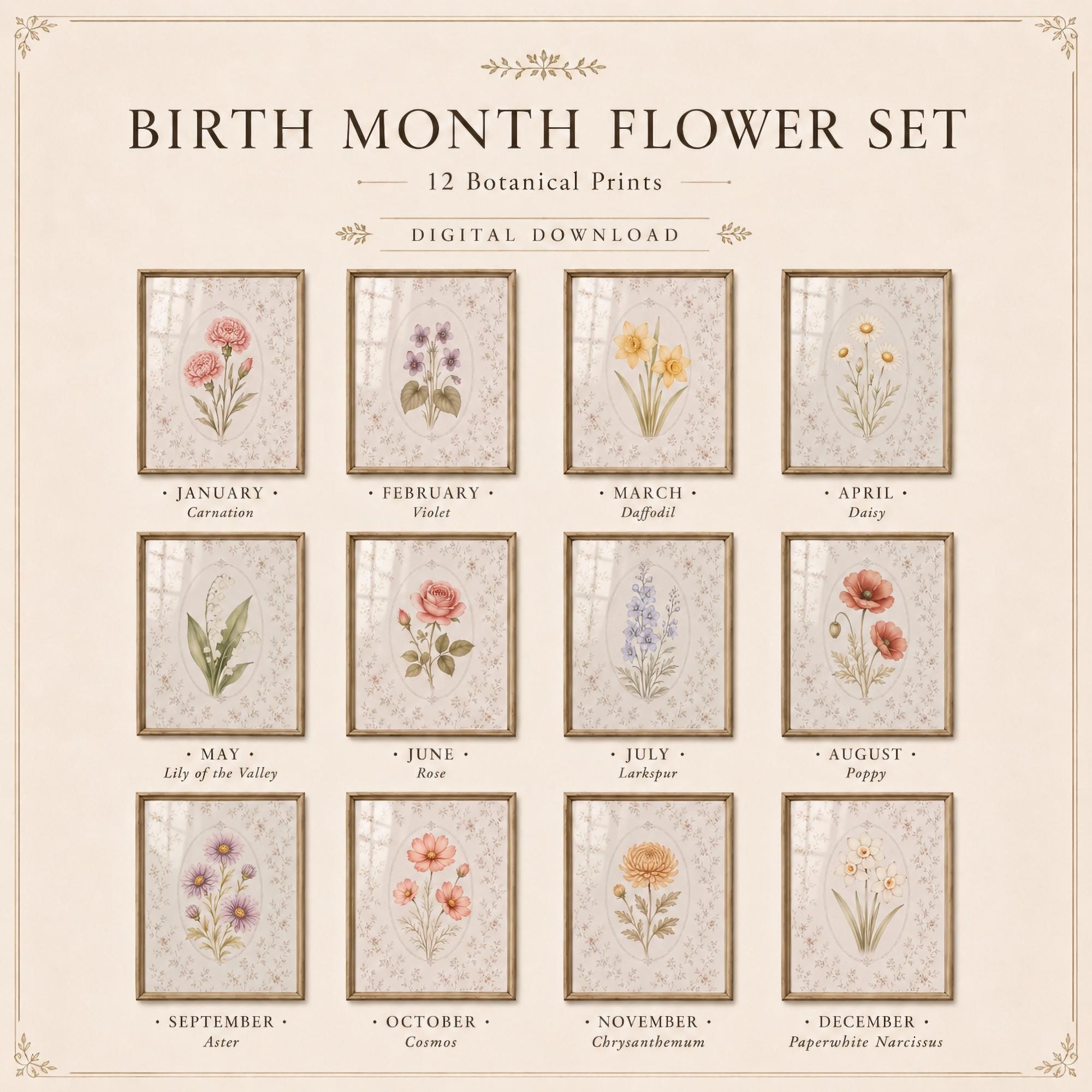 12 Month Birth Flower Wall Art Set | Vintage Floral Pattern Printable Art (Digital Download)