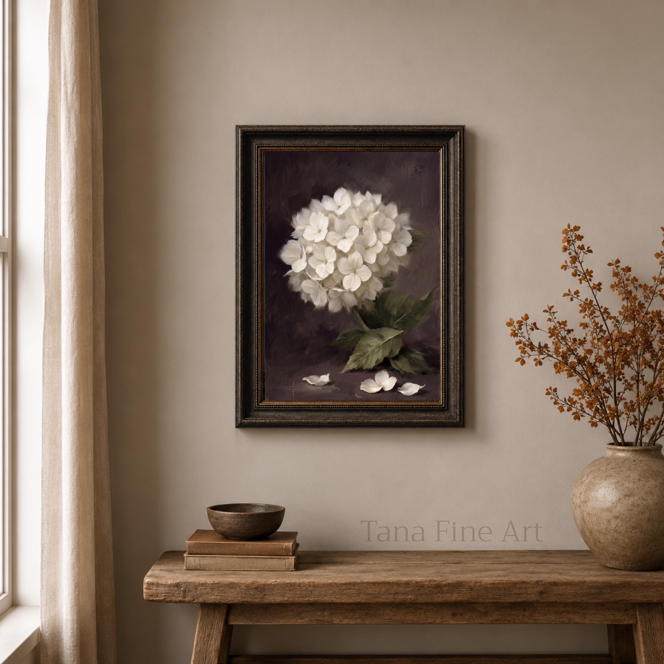 Moody Hydrangea Wall Art, White Floral Botanical Print, Dark Vintage Flower Decor (Digital Download) — image 3