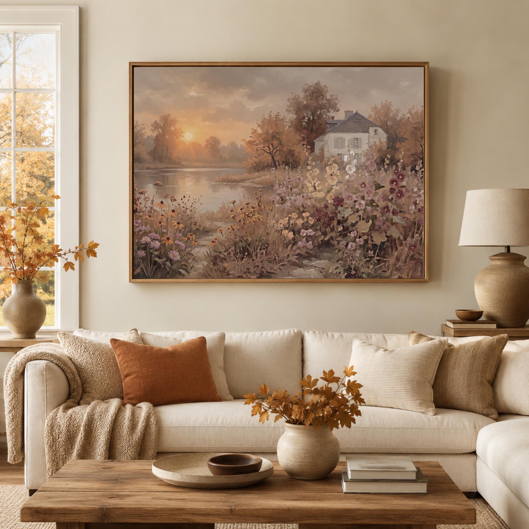Fall Cottage Lake Wall Art, Autumn Floral Landscape Print, Rustic Farmhouse Decor (Digital Download) — image 8