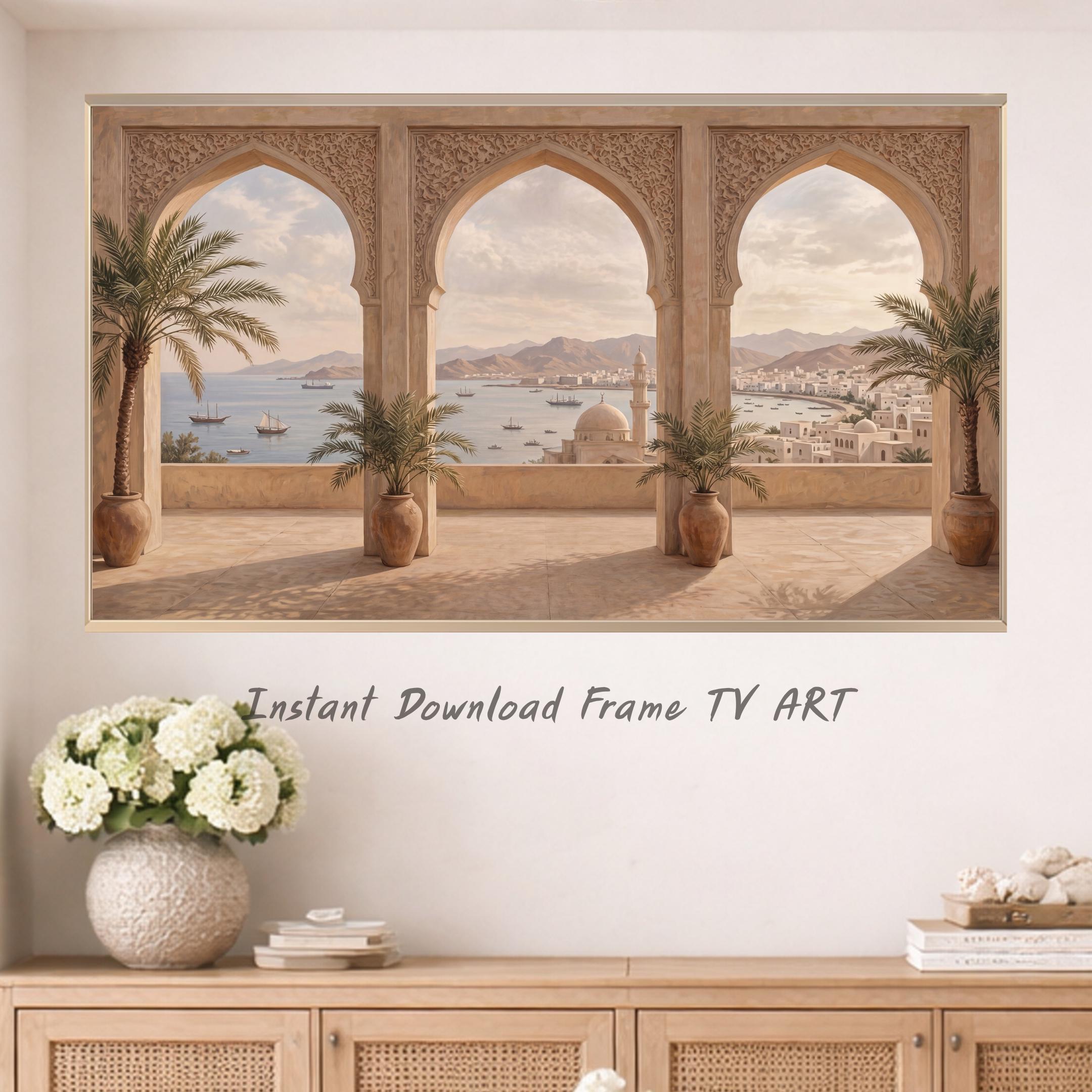 Mediterranean Arch Frame TV Art, Coastal Mosque Mountain View, Warm Neutral 4K Digital Download — image 8