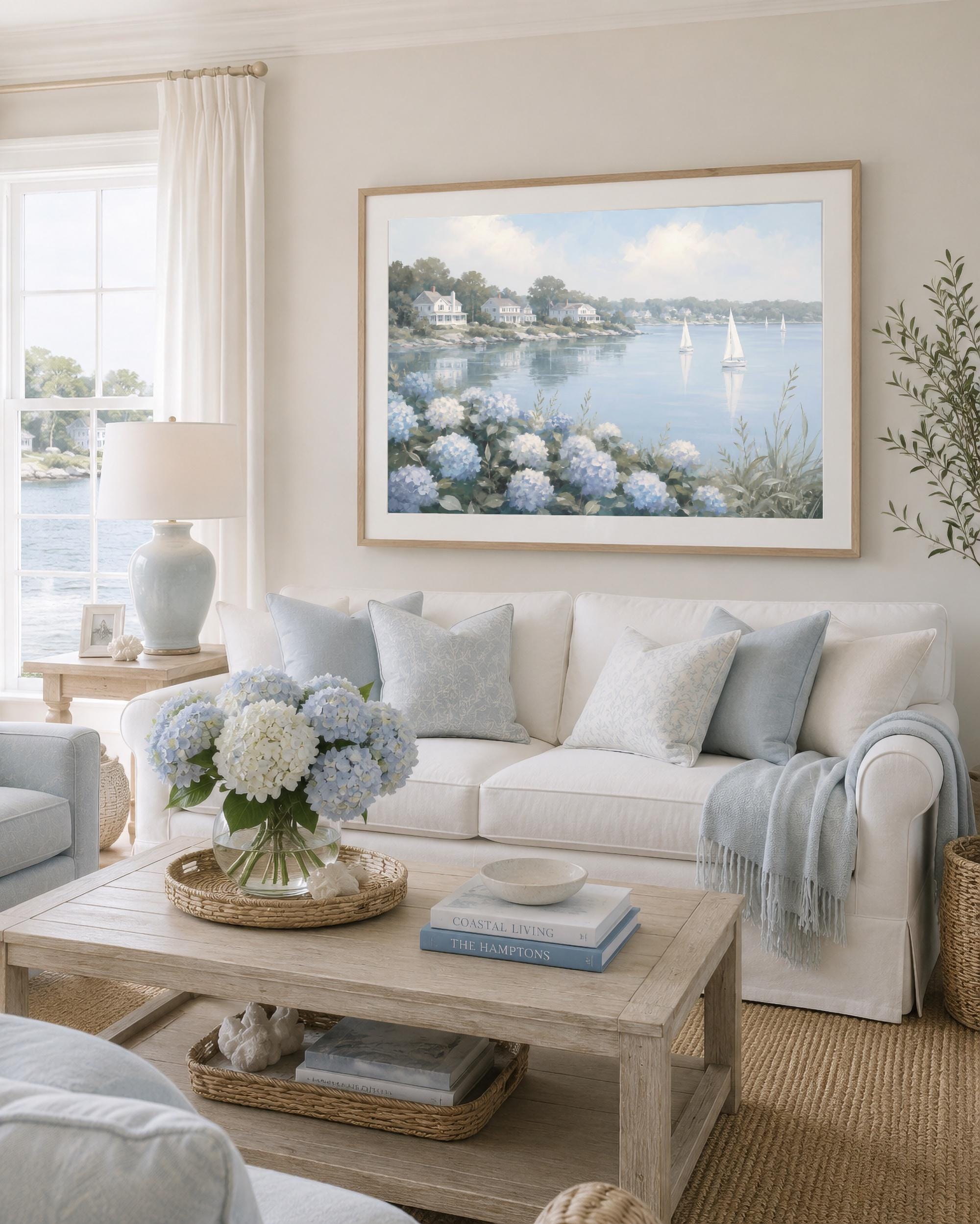 Summer Coastal Hydrangea Sailboat Printable Wall Art, Blue Seaside Cottage Home Decor Digital Download — image 2