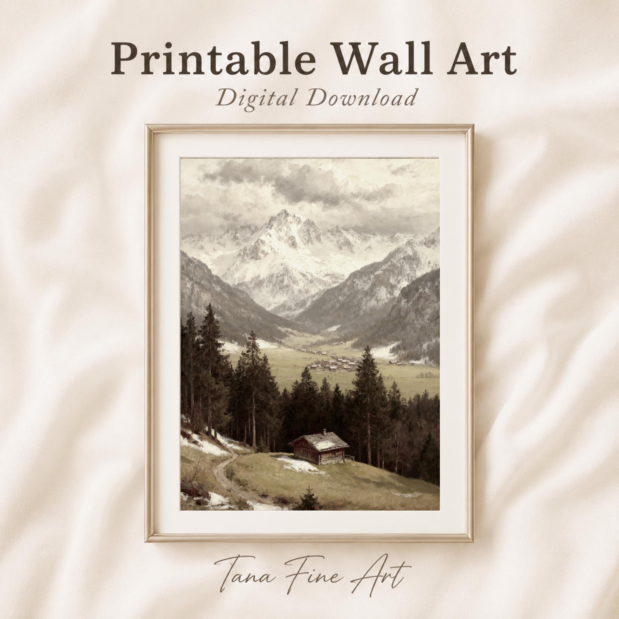 Alpine Mountain Landscape Wall Art, Rustic Cabin Valley, Vintage Paintings Nature Decor (Digital Download) — image 3