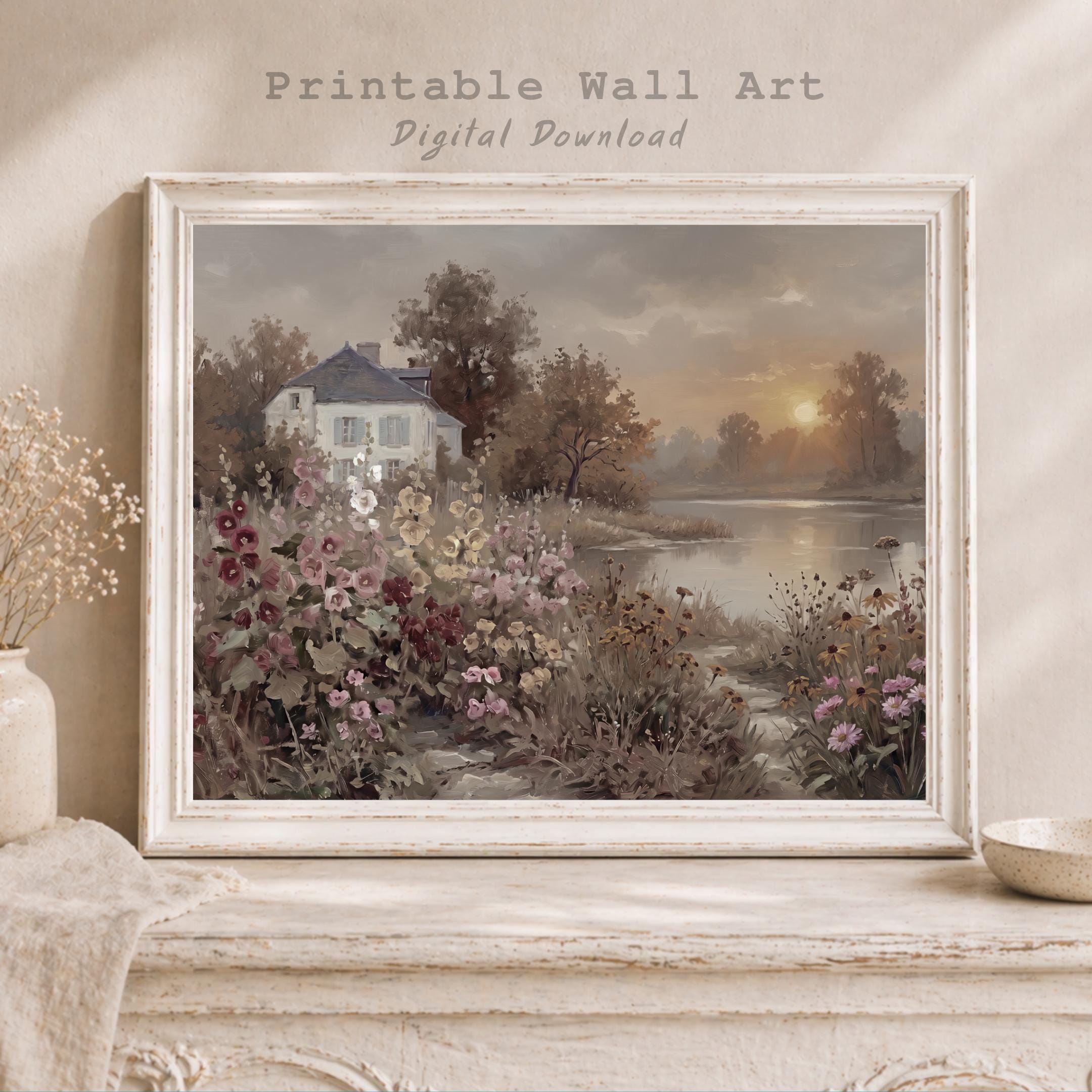 Moody Country Cottage Garden Wall Art, Lake Landscape Print, Vintage Farmhouse Decor (Digital Download)