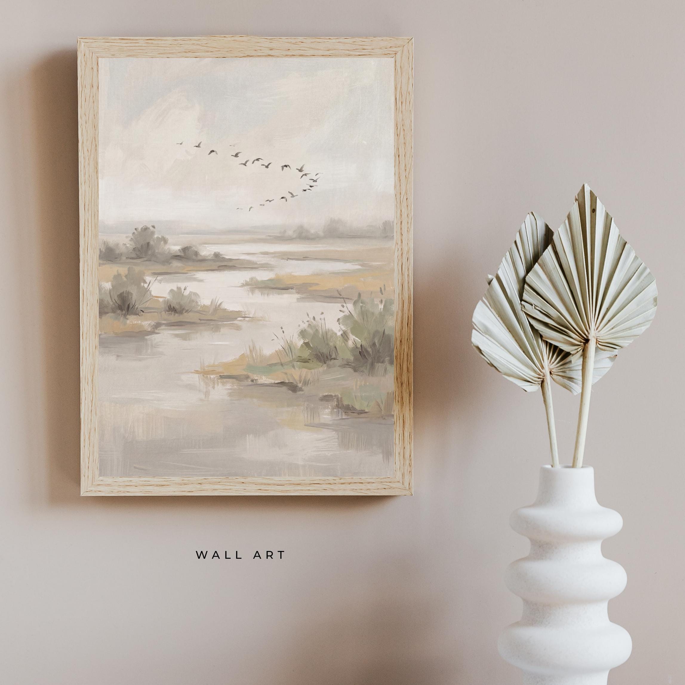 Countryside Lake Painting Printable | Flying Birds Marsh Landscape Print (Digital Download) — image 5