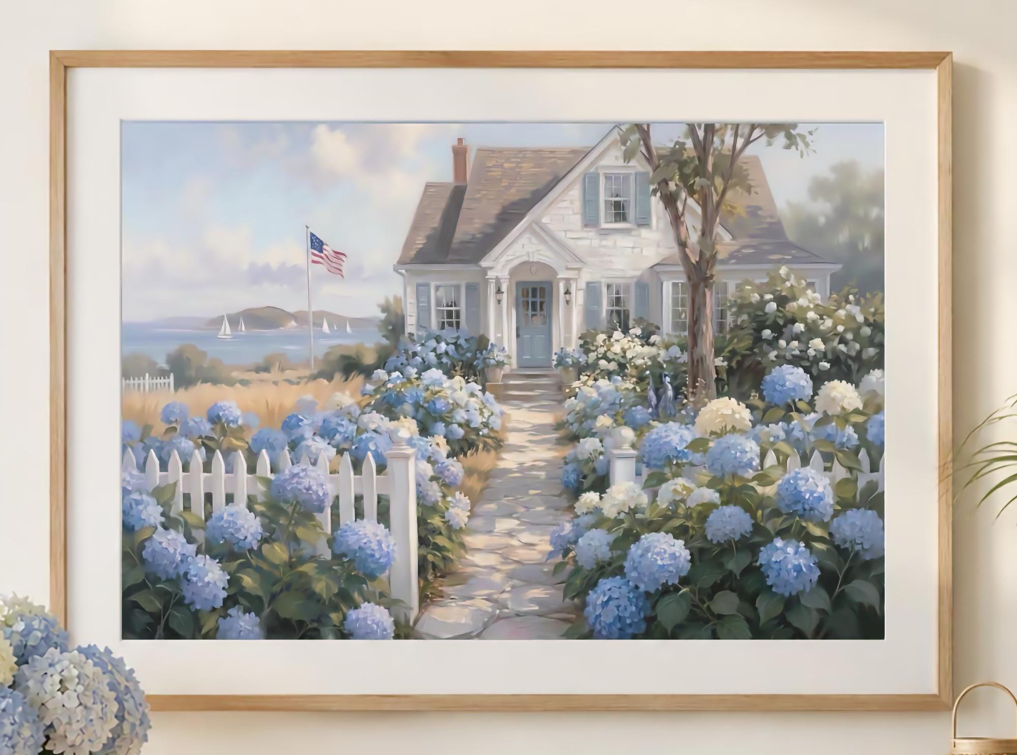 Patriotic Coastal Hydrangea Cottage Printable Wall Art, American Flag Beach Home Decor Digital Download — image 2