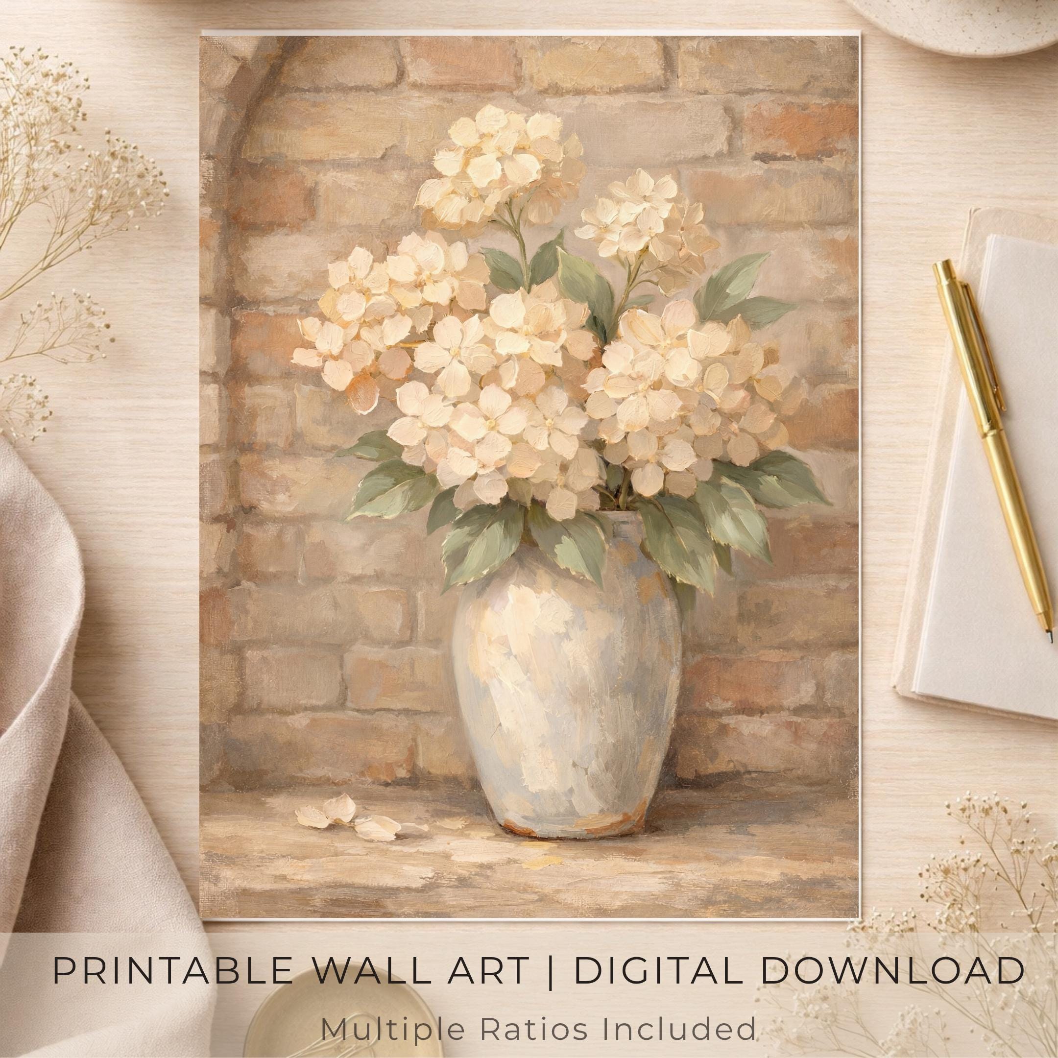 Hydrangea Vase Painting, Neutral Farmhouse Floral Decor, Rustic Brick Botanical Print (Digital Download) — image 9