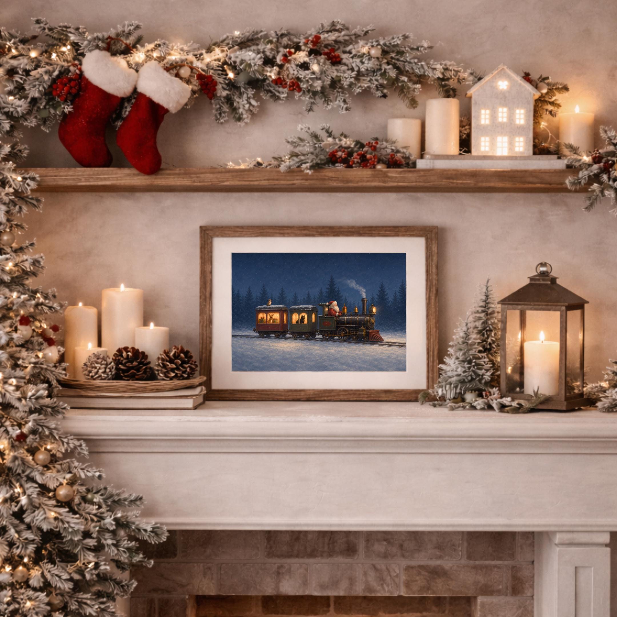 Vintage Santa Christmas Train Printable Wall Art, Snowy Woodland Digital Download — image 8