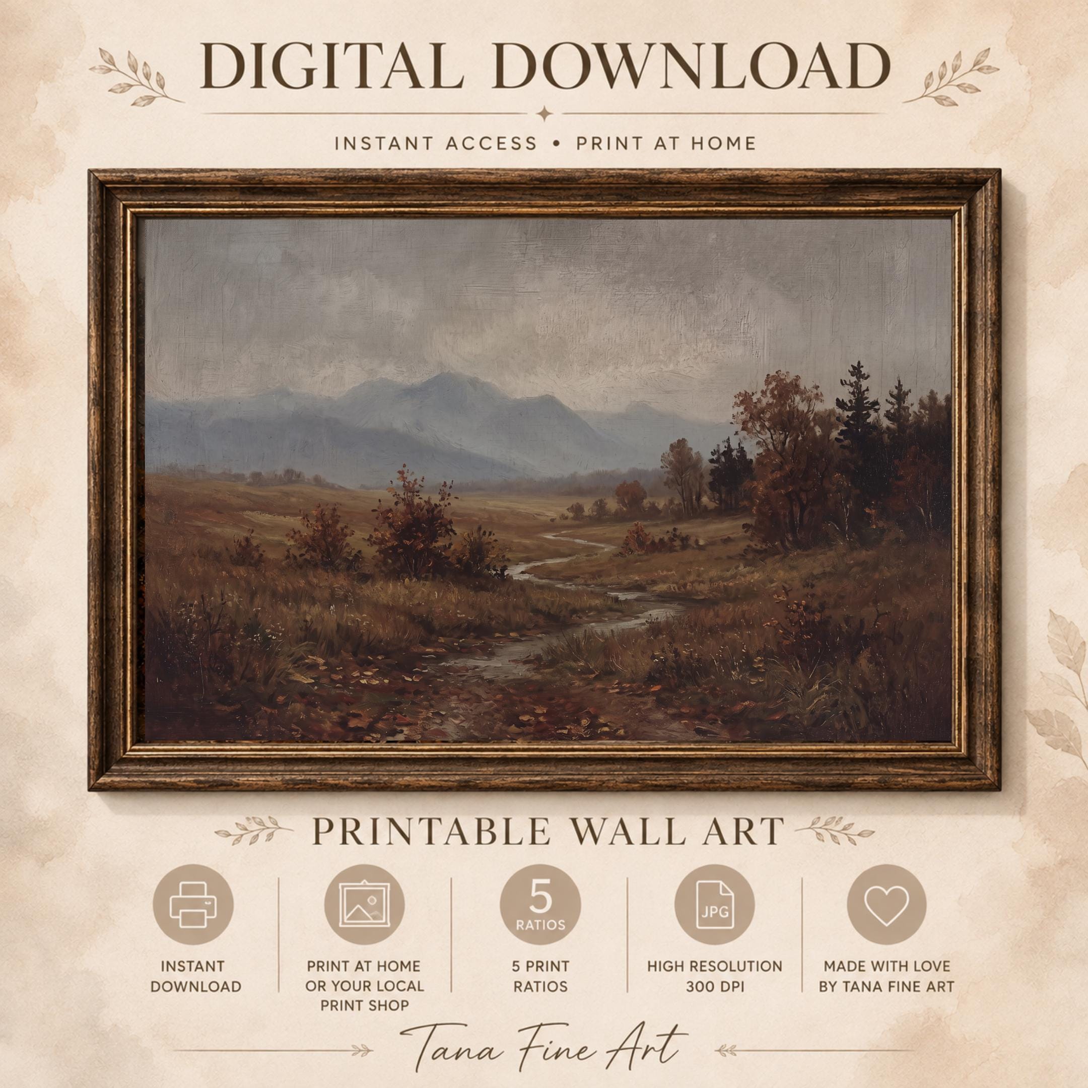 Autumn Landscape Wall Art | Fall Meadow Creek Print | Vintage Farmhouse Nature Digital Download — image 7