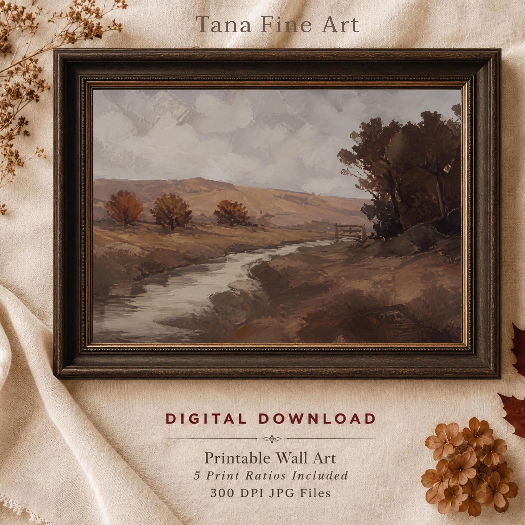 Autumn Landscape Wall Art | Fall Countryside Creek Print | Vintage Farmhouse Digital Download
