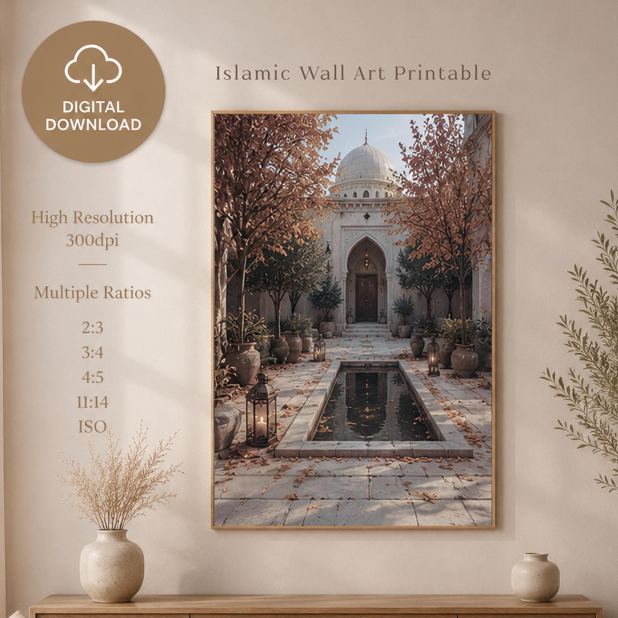 Islamic Courtyard Autumn Mosque Garden Print, Neutral Prayer Room Wall Art (Digital Download)