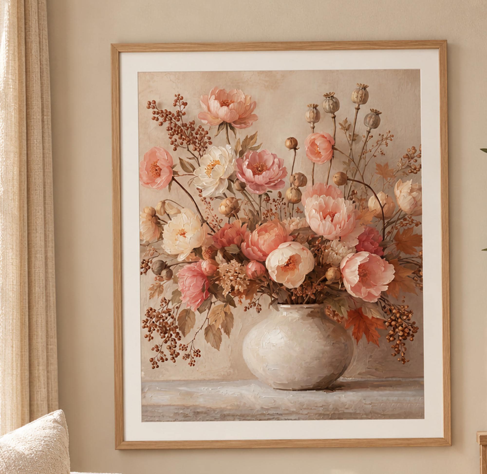 Blush Peony Vase Printable Wall Art, Autumn Floral Rustic Cottage Home Decor Digital Download — image 2