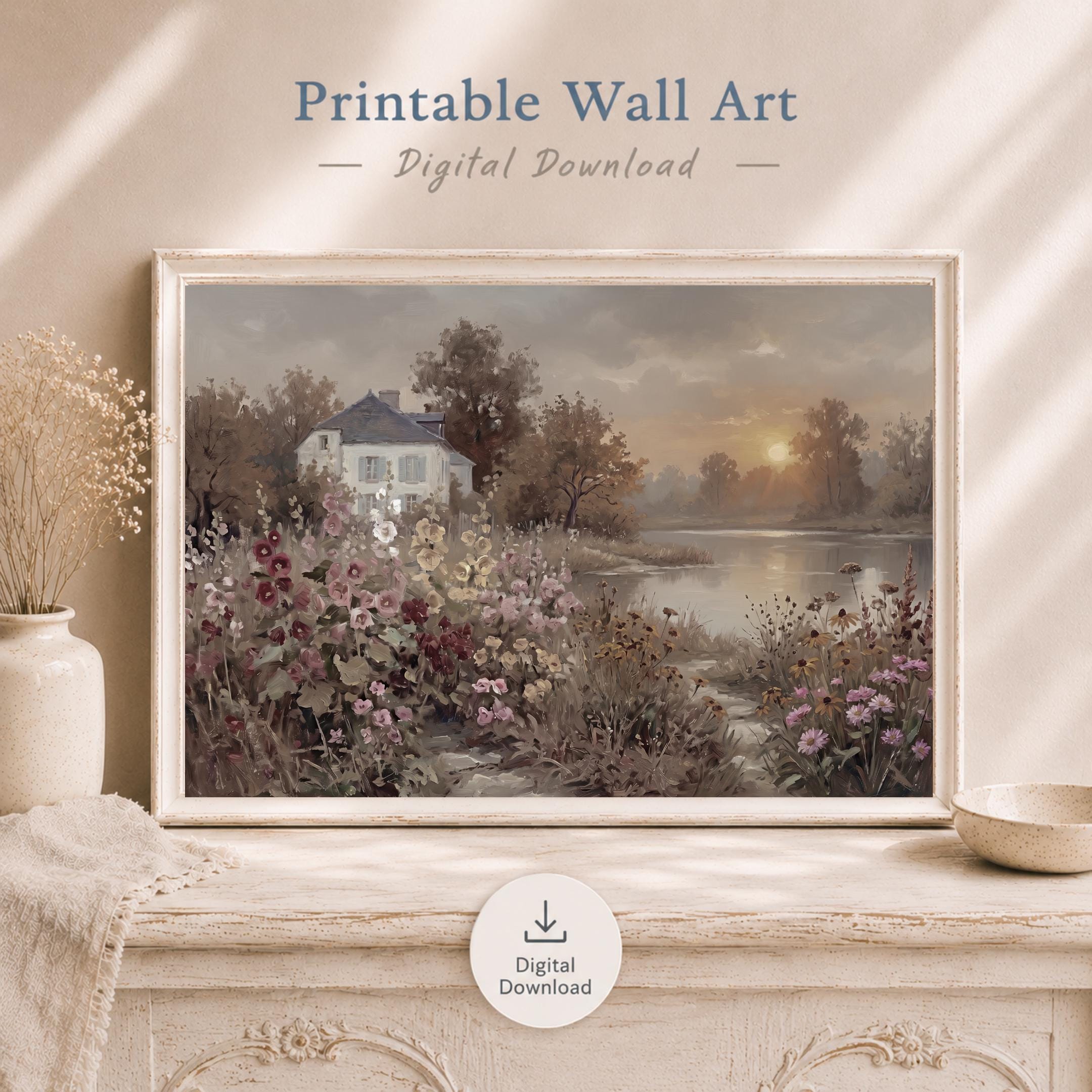 Moody Country Cottage Garden Wall Art, Lake Landscape Print, Vintage Farmhouse Decor (Digital Download) — image 8