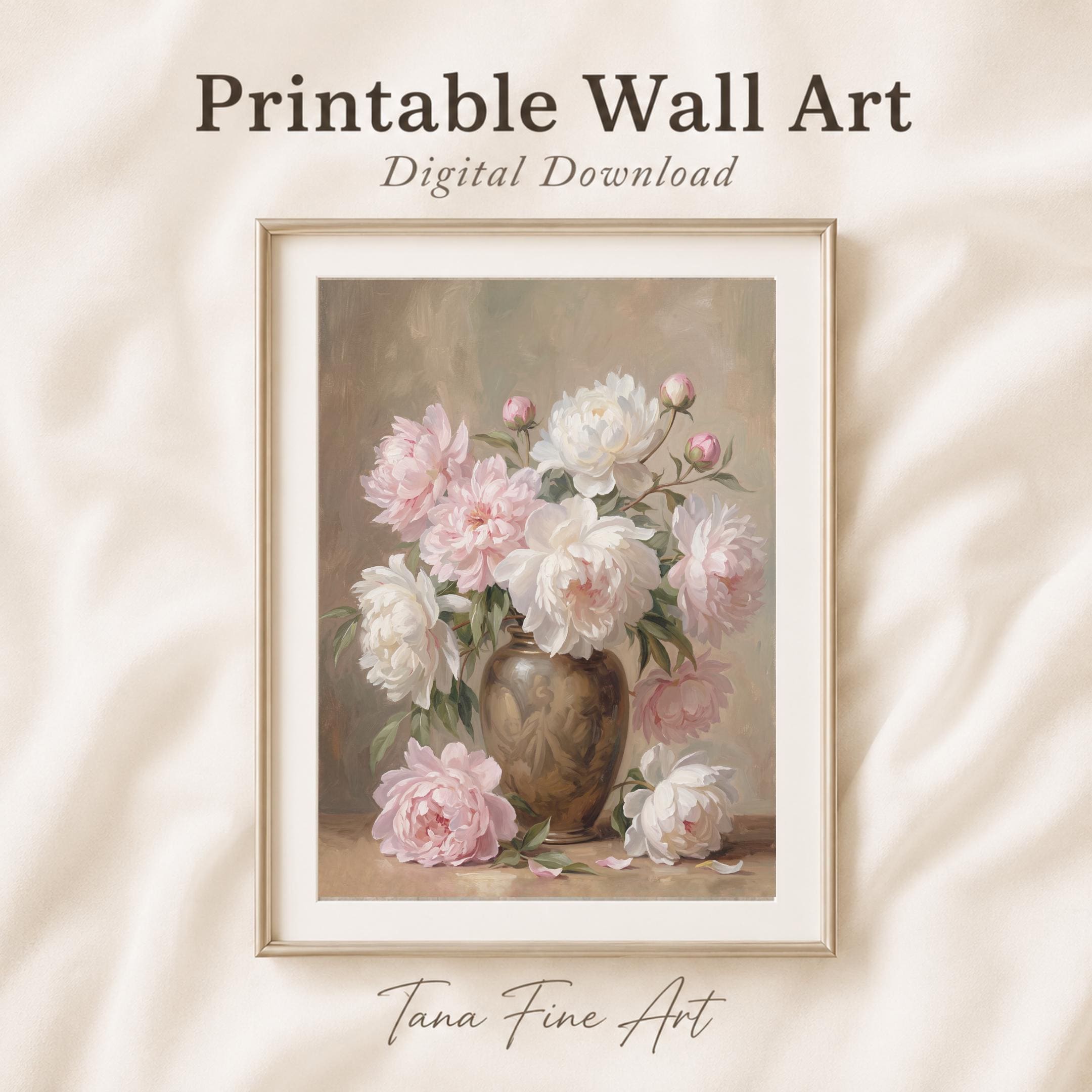 Pink White Peony Vase Printable Wall Art, Vintage Floral Cottage Home Decor Digital Download