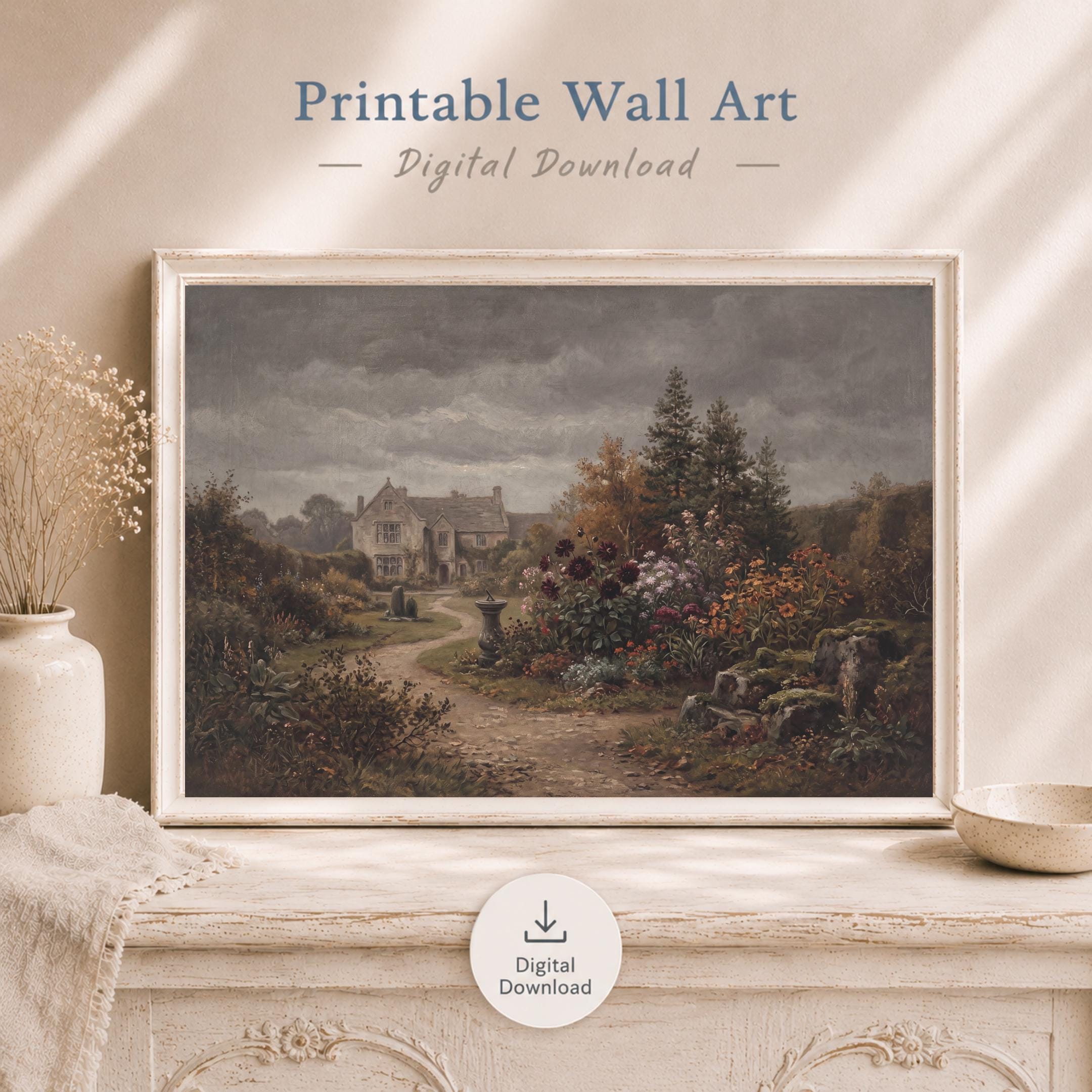 Moody Fall English Garden Art, Rustic Landscape Print, Vintage Cottage Manor (Digital Download) — image 9