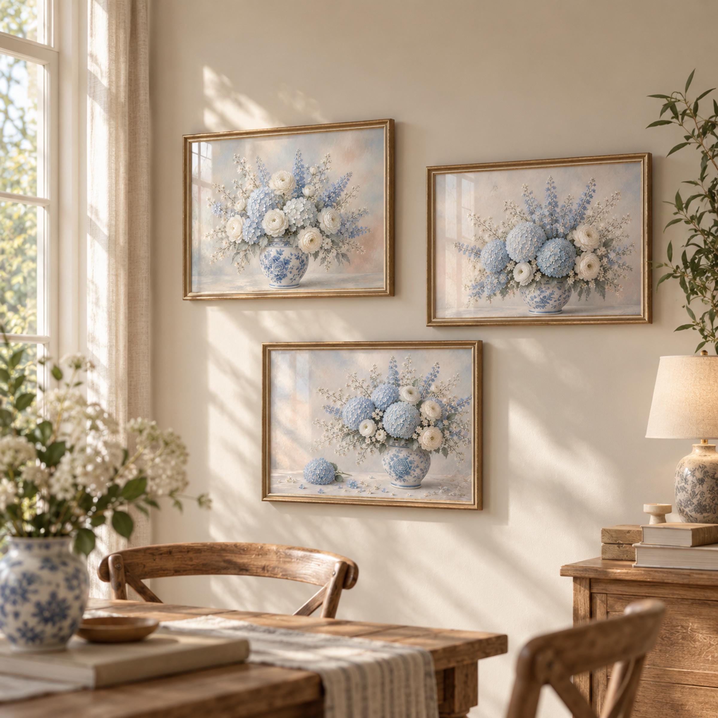 Blue Hydrangeas & Chinoiserie Vases — Set of 3 — image 2