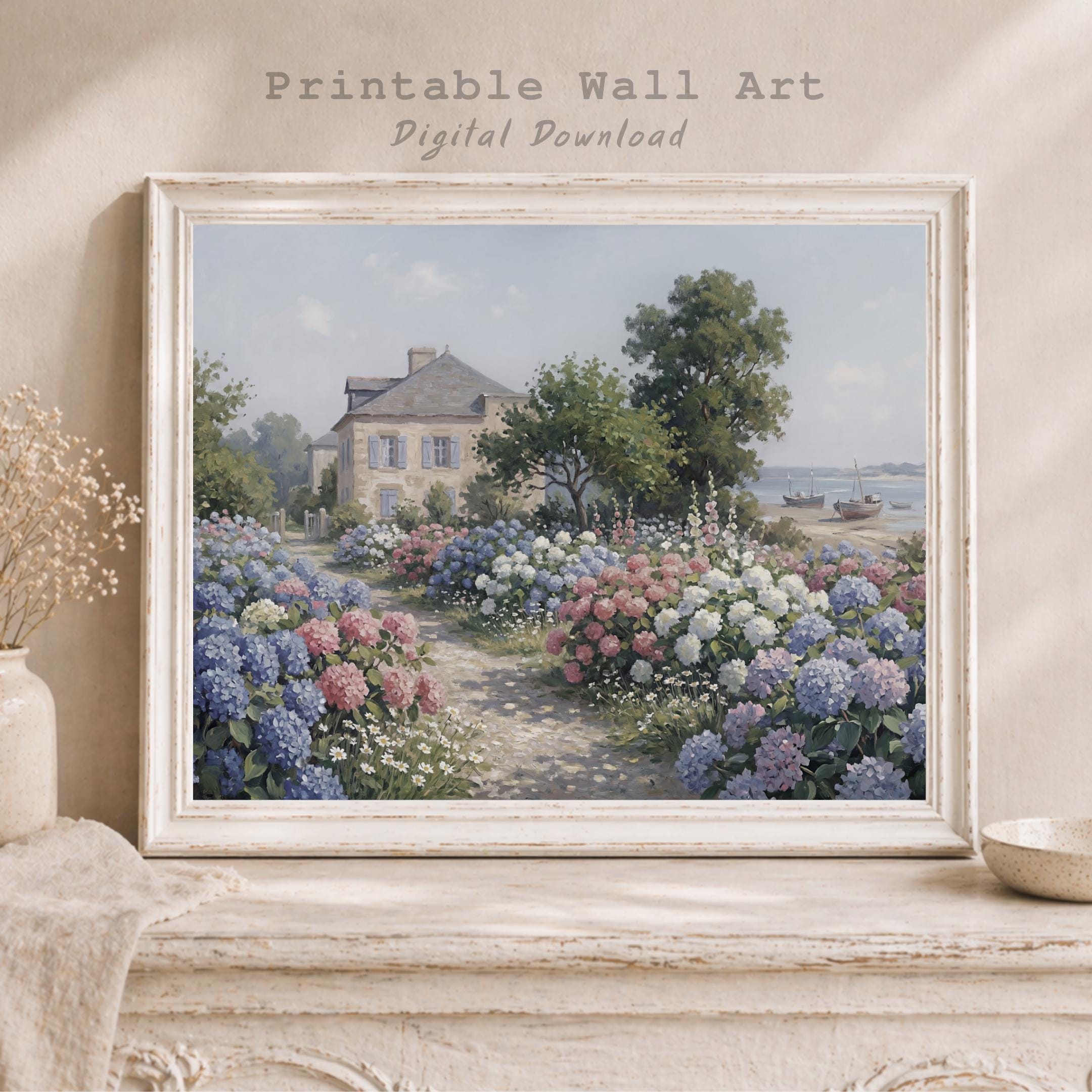 Coastal Hydrangea Garden Print, Seaside Cottage Floral Landscape, Summer Decor (Digital Download)