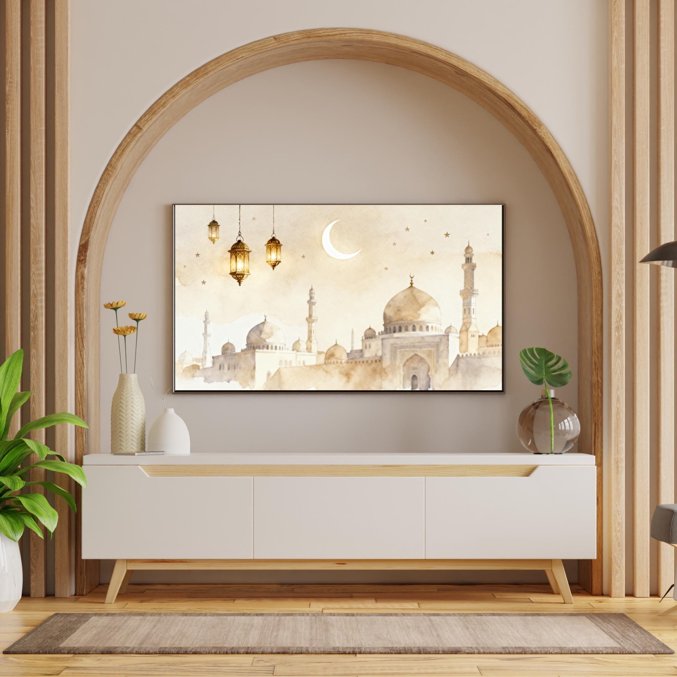 Crescent Mosque Frame TV Art | Neutral Beige Lantern | Islamic Art 4K Digital Download — image 3