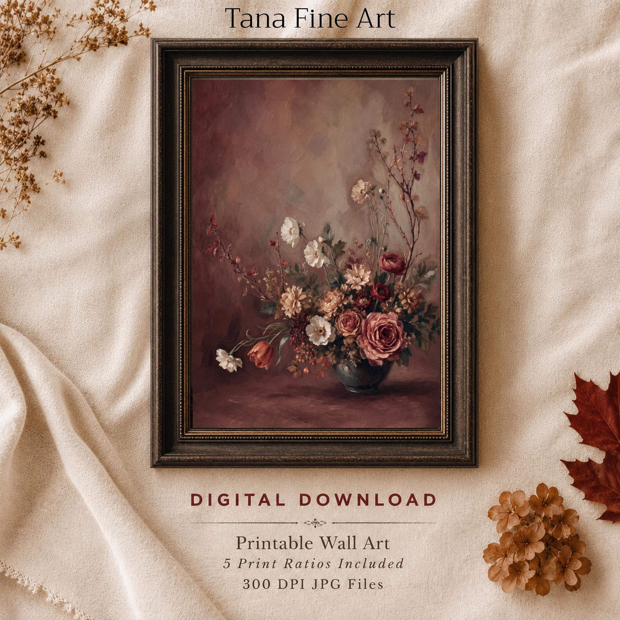 Moody Burgundy Floral Art Print, Fall Roses Still Life, Dark Autumn Decor (Digital Download)