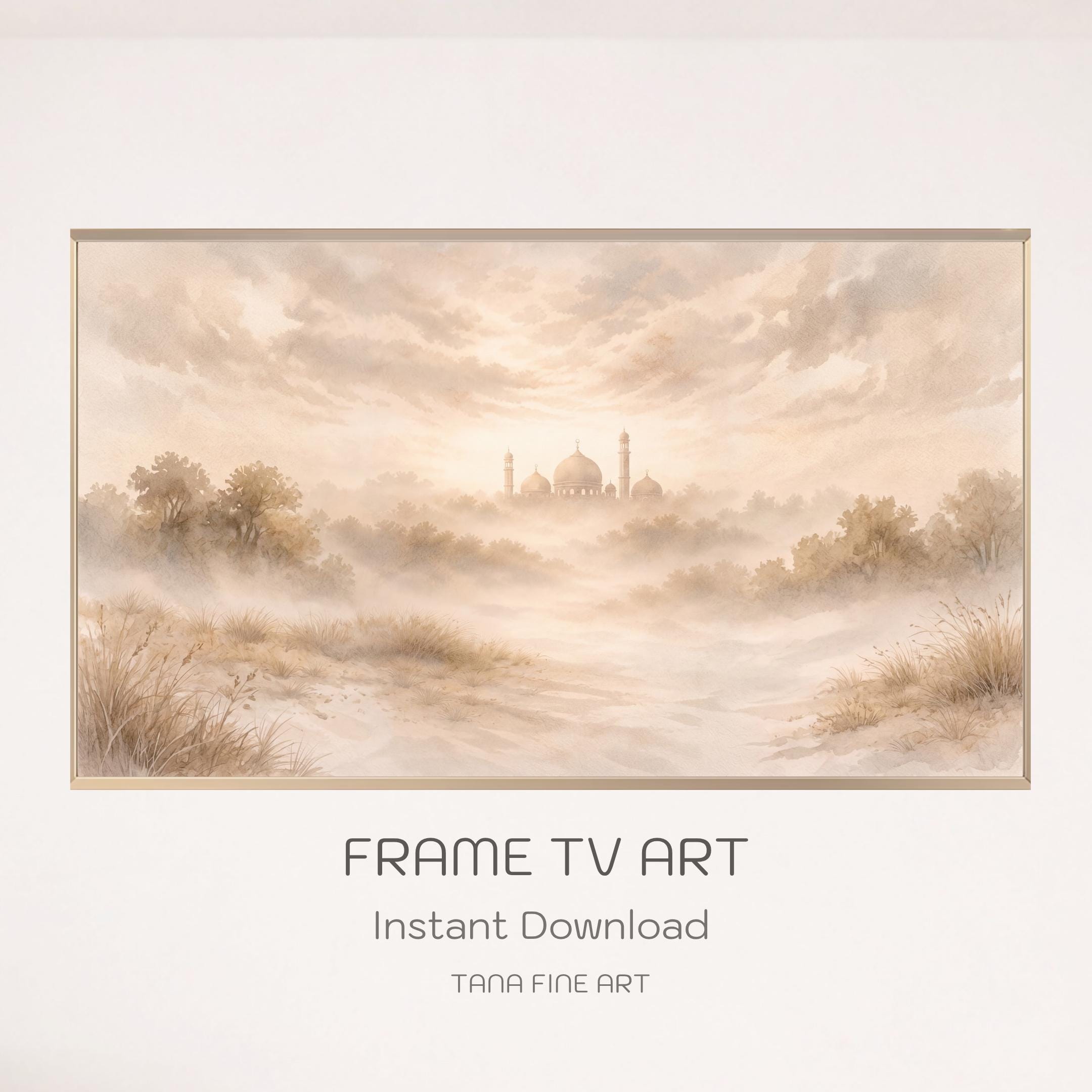 Islamic Frame TV Art | Neutral Desert Mosque Landscape | Digital Download