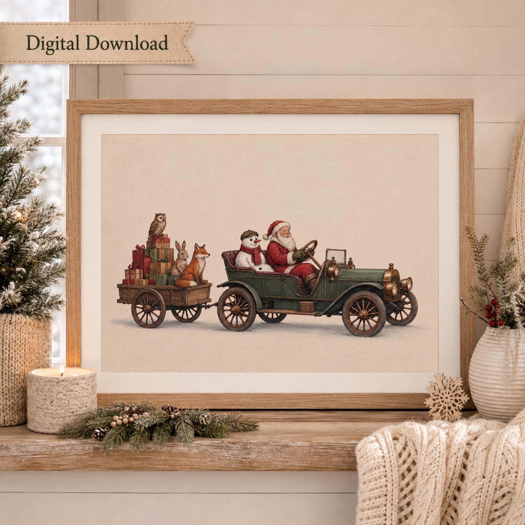Vintage Santa Car Wall Art | Christmas Animal Print | Holiday Decor Printable Digital Download — image 5