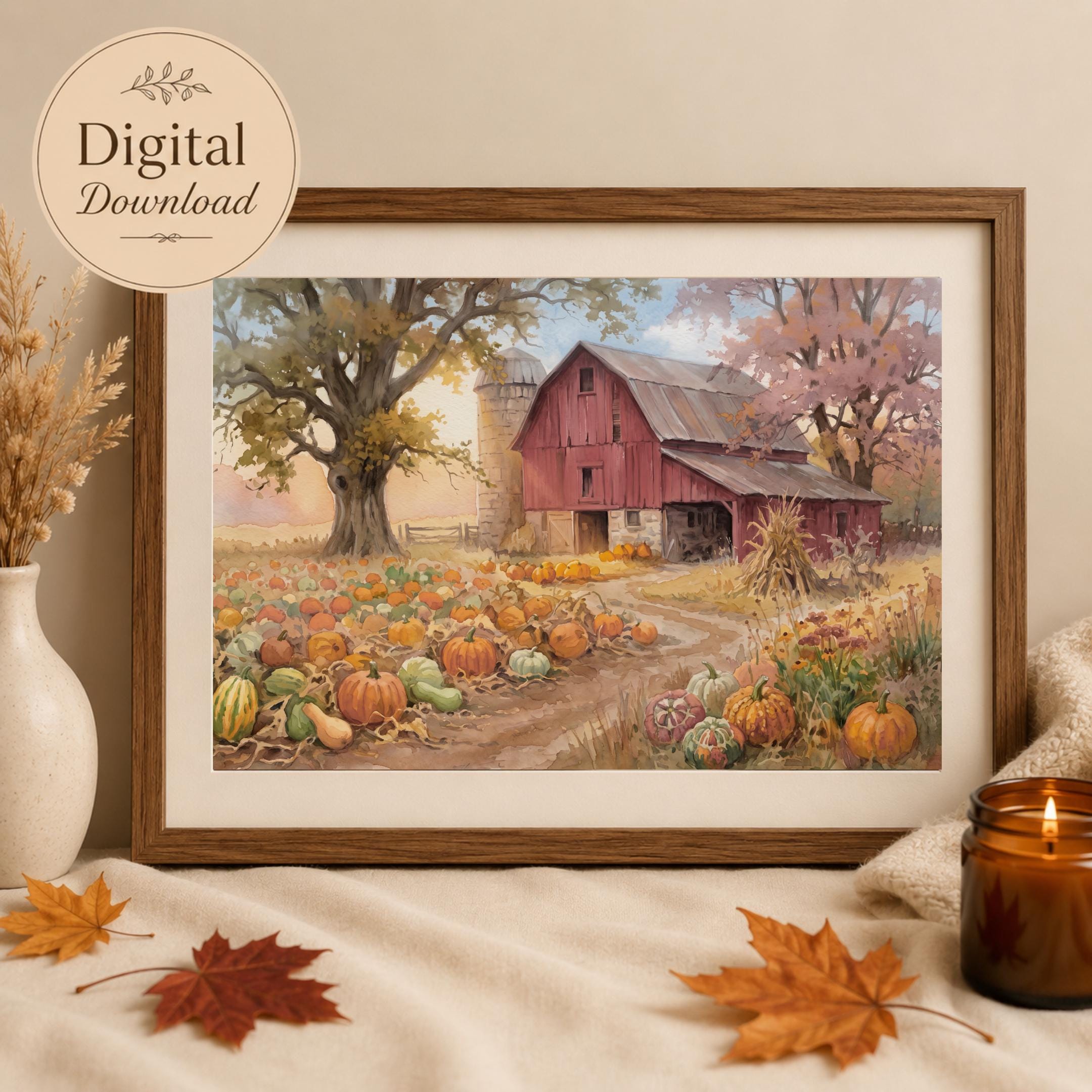 Red Barn Printable Wall Art | Pumpkin Patch Farmhouse Print | Fall Digital Download Decor