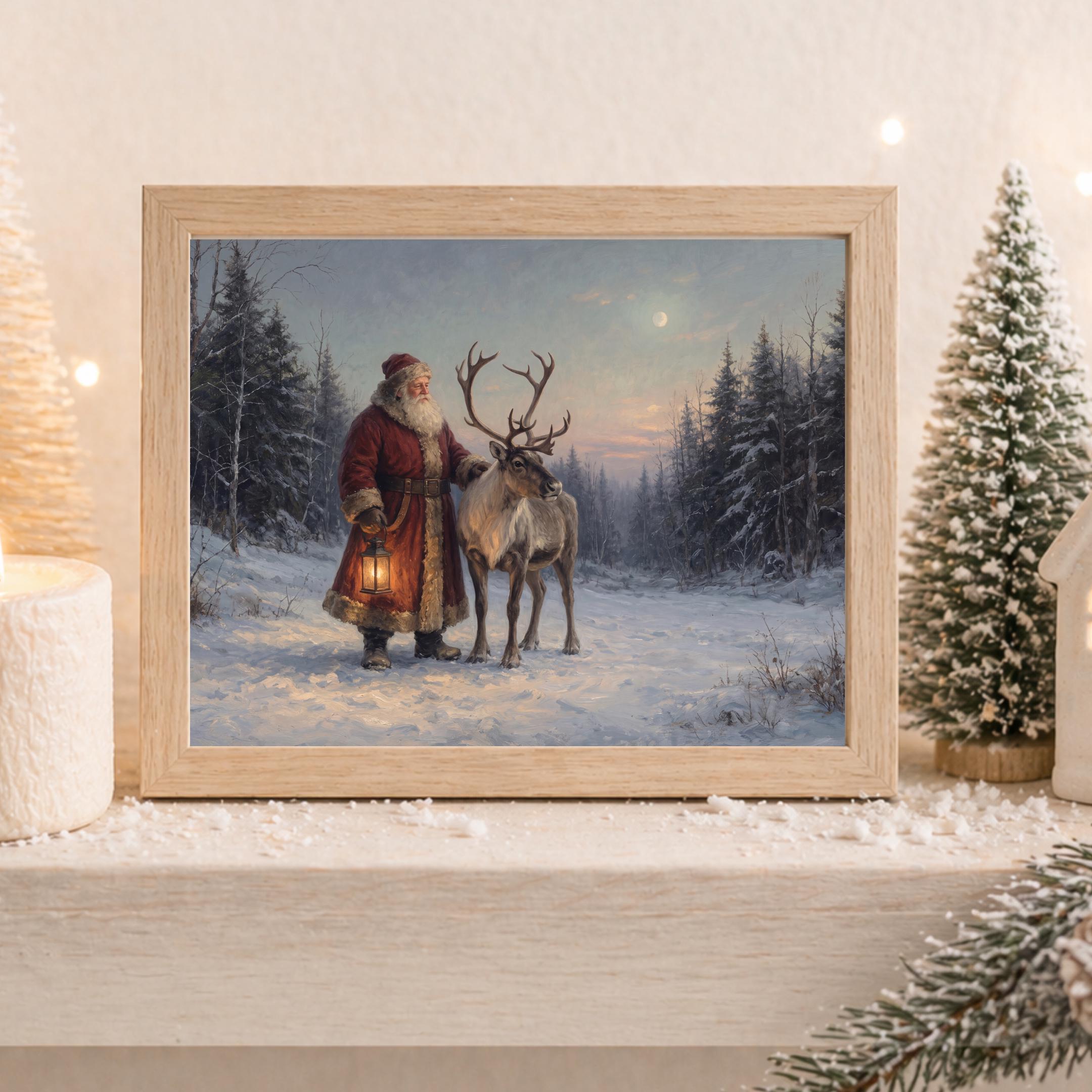 Vintage Santa Wall Art | Santa and Reindeer Christmas Print | Winter Landscape Printable Digital Download — image 7