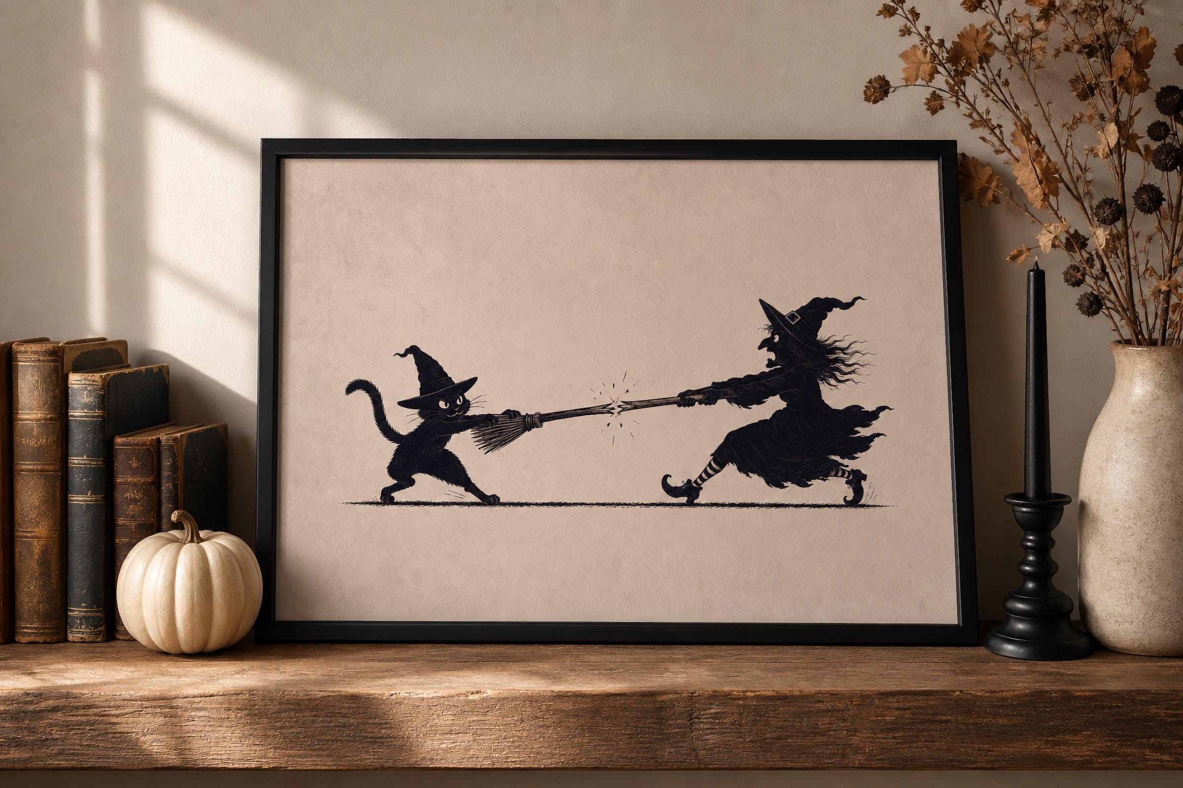 Funny Halloween Silhouette Wall Art, Black Cat Witch Printable, Vintage Witchy Decor, Digital Download — image 2