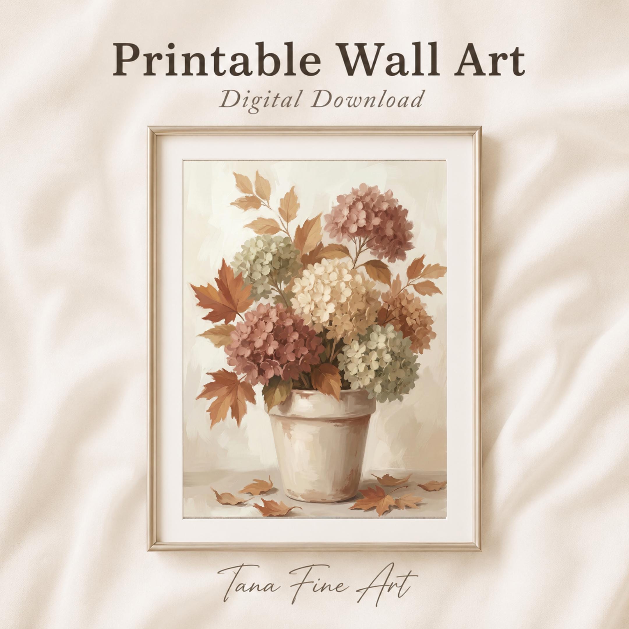 Neutral Fall Hydrangea Vase Printable Wall Art, Rustic Autumn Botanical Home Decor Digital Download