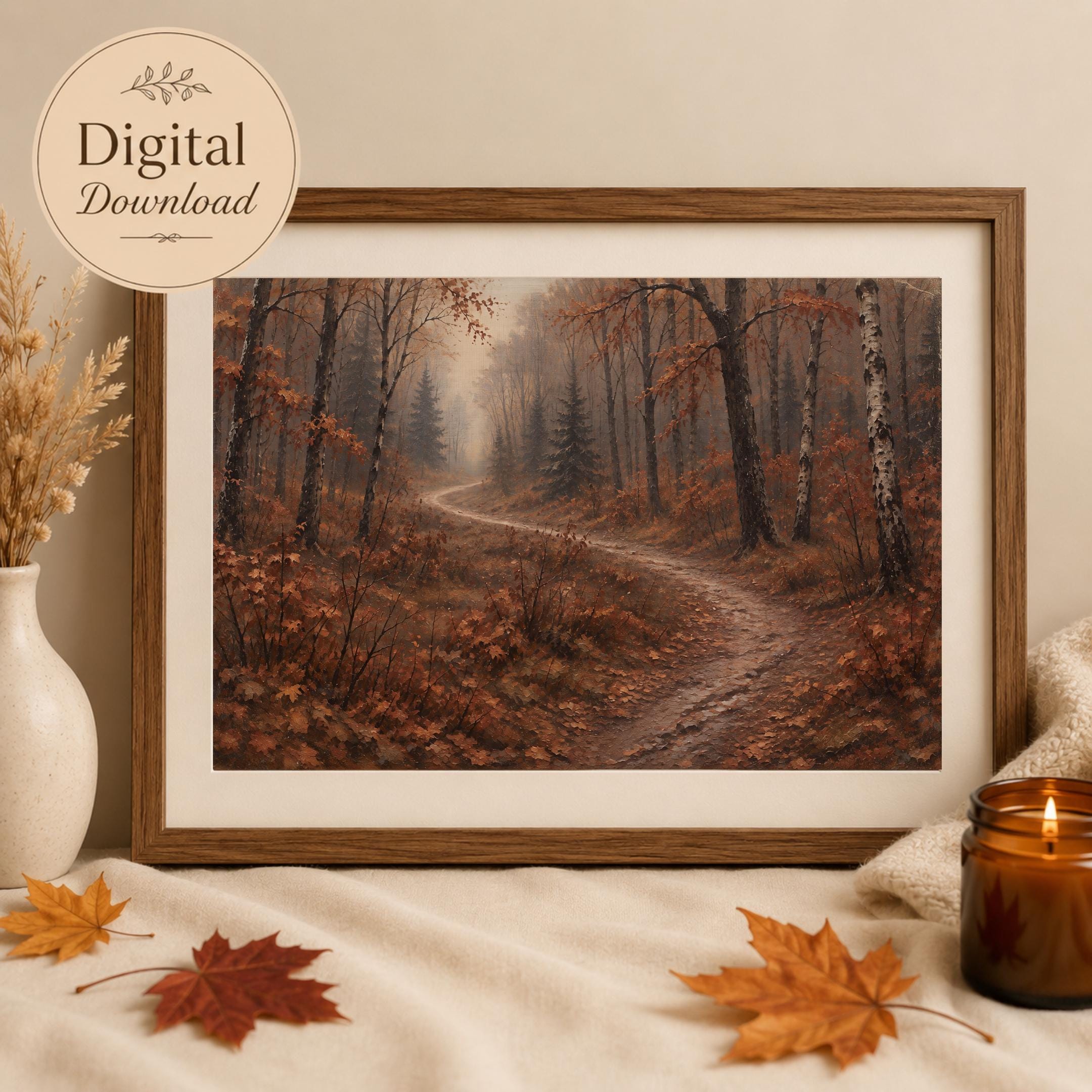 Autumn Forest Path Wall Art, Vintage Style Woodland Landscape, Burnt Orange Digital Download — image 9