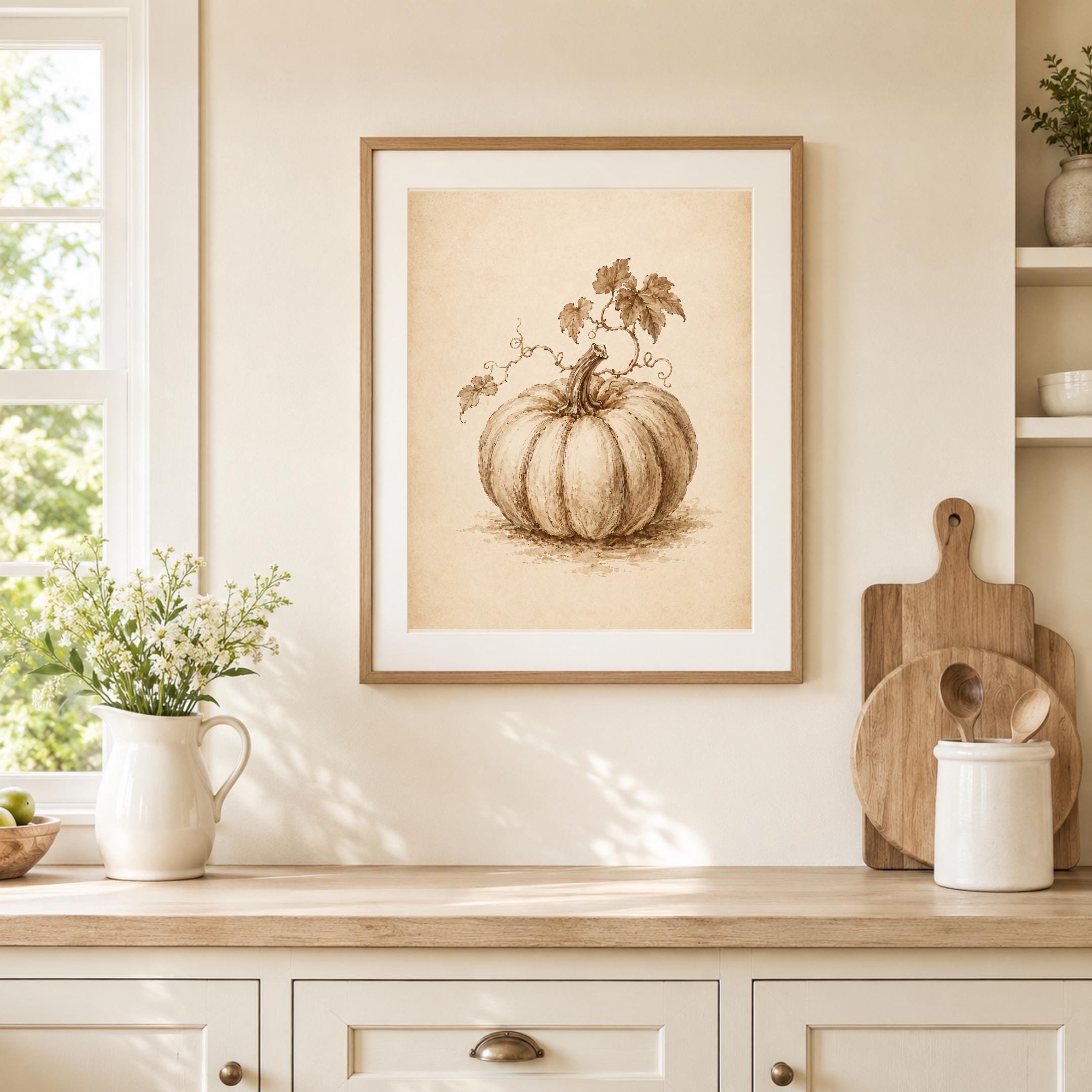 Vintage Pumpkin Sketch Print, Neutral Botanical Autumn Wall Art (Digital Download) — image 3