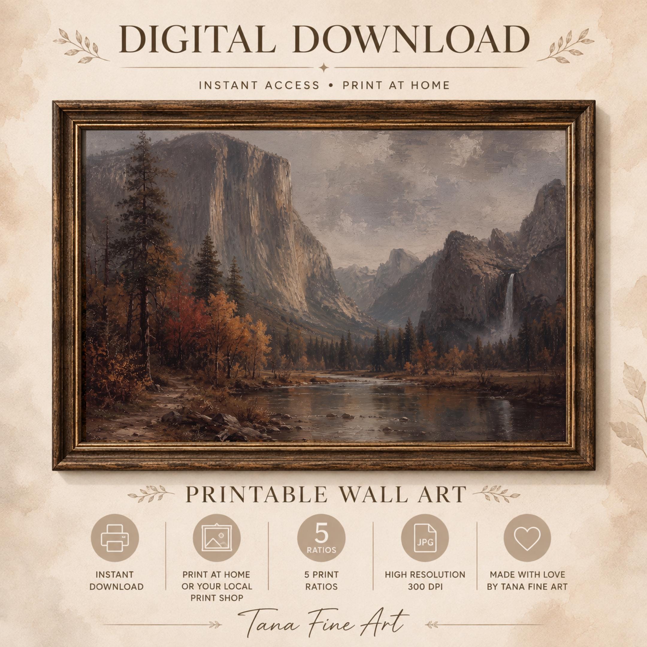 Mountain Landscape Wall Art | Yosemite Inspired Valley Print | Moody Vintage Landscape Digital Download