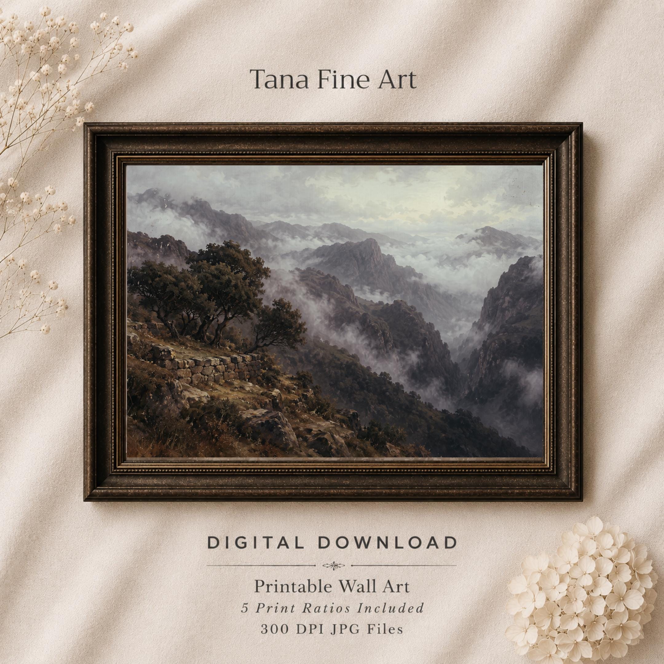 Vintage Misty Mountain Wall Art, Moody Valley Landscape, Rustic Wilderness Dark Academia, Digital Download