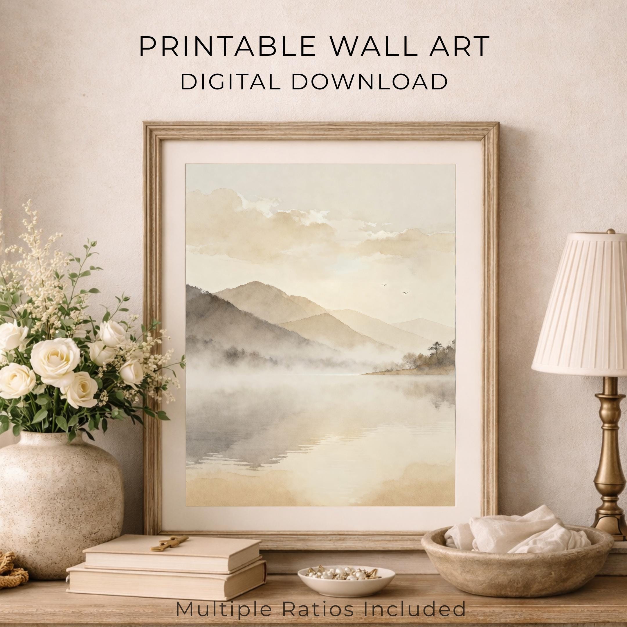 Neutral Misty Mountain Lake Printable Wall Art, Minimal Landscape Serene Bedroom Decor Digital Download — image 7