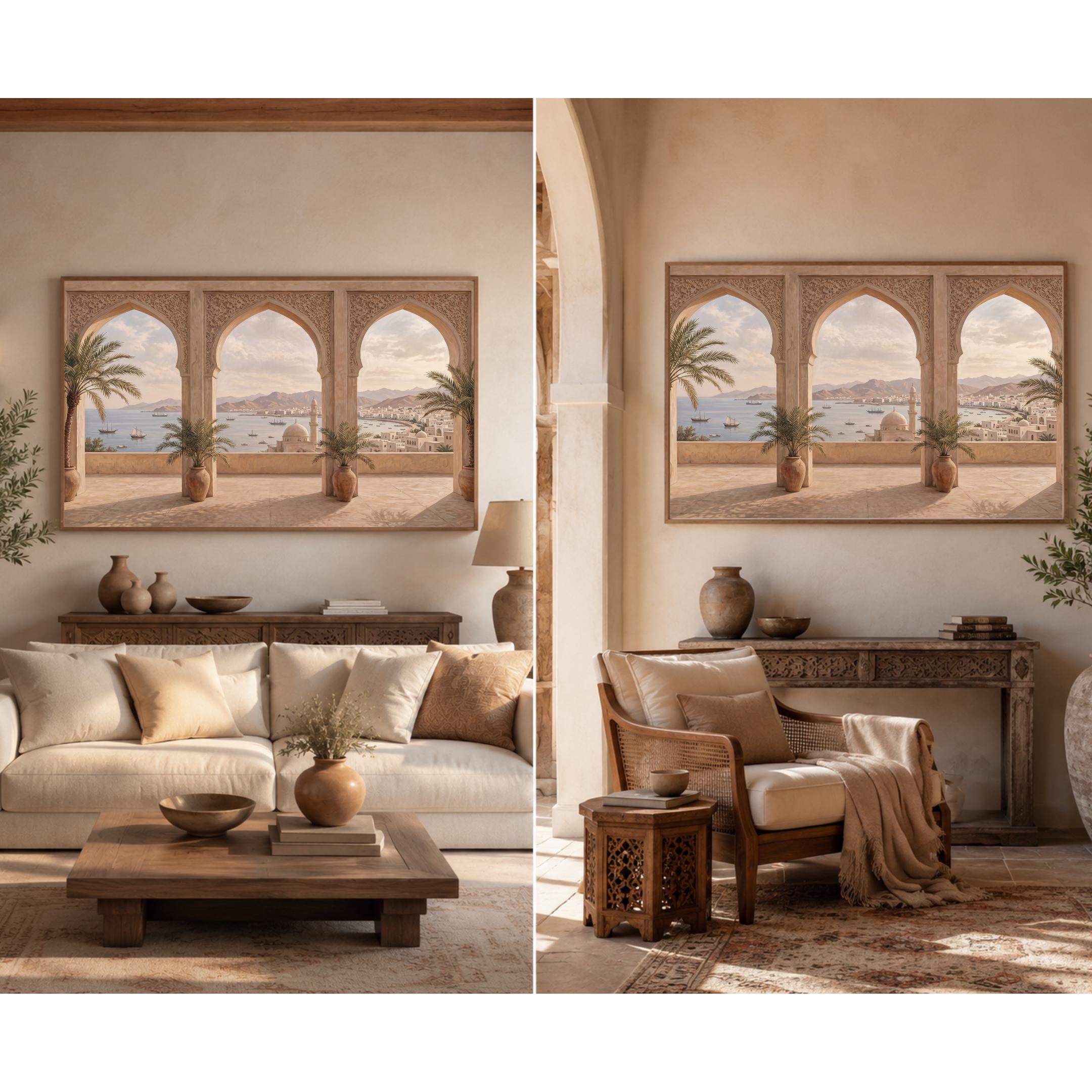 Mediterranean Arch Frame TV Art, Coastal Mosque Mountain View, Warm Neutral 4K Digital Download — image 3